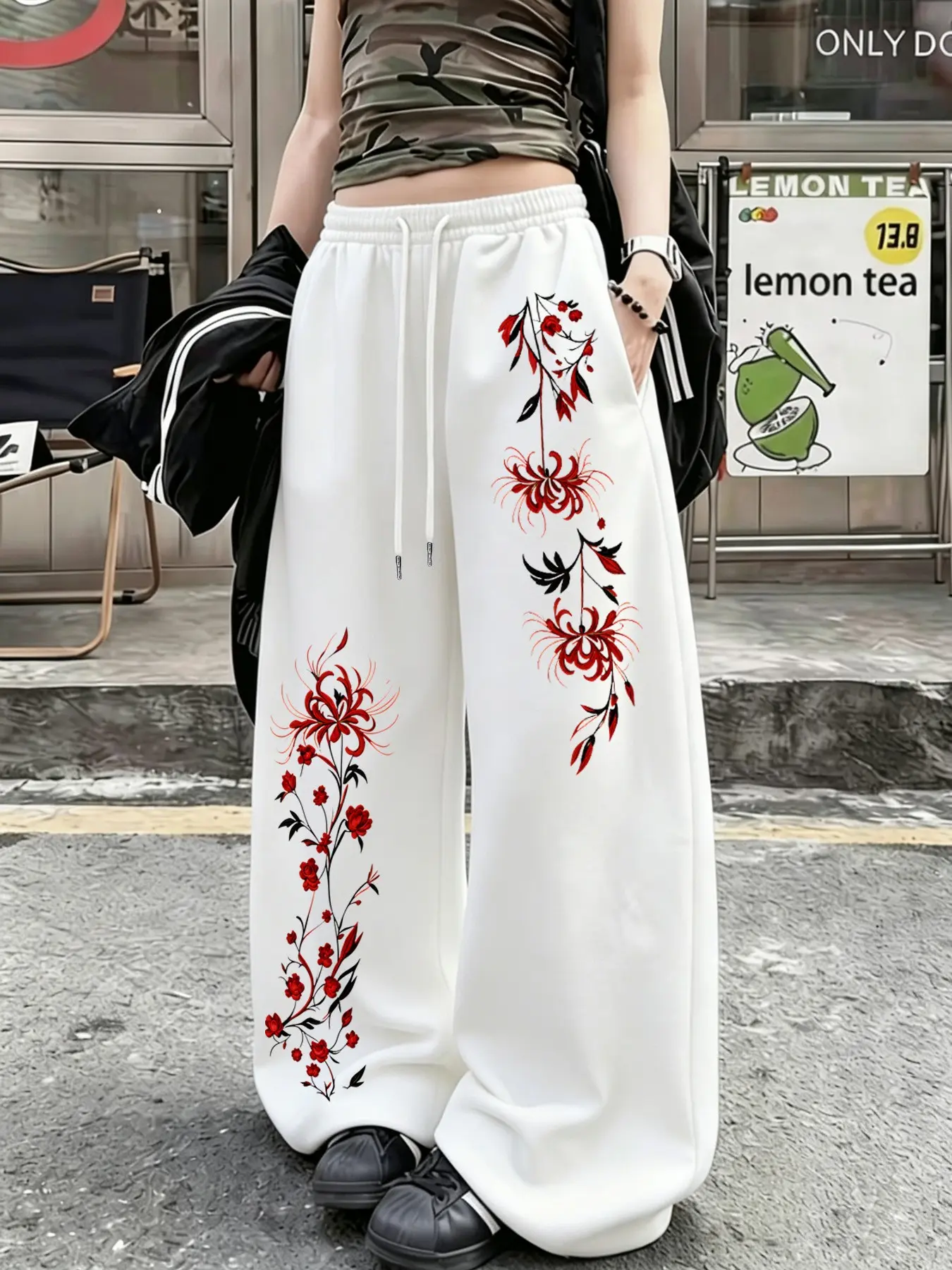 Women's Casual Sporty Long Pants, Spider Lily Print Sweatpants, Drawstring Loose Wide Leg, All Season Fashion Bottoms