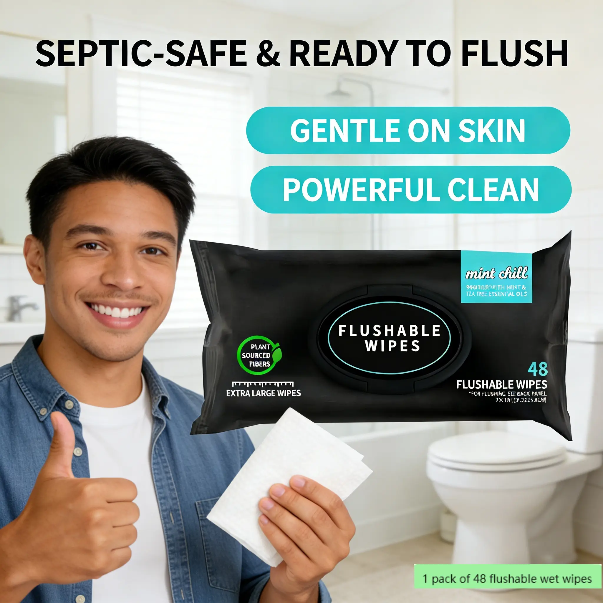 Flushable Adult Wet Wipes, 1 Pack 48 Sheets/2 Packs 96 Sheets, Unscented, Extra Large, with Vitamin E & Aloe Vera, Safe for Septic Systems