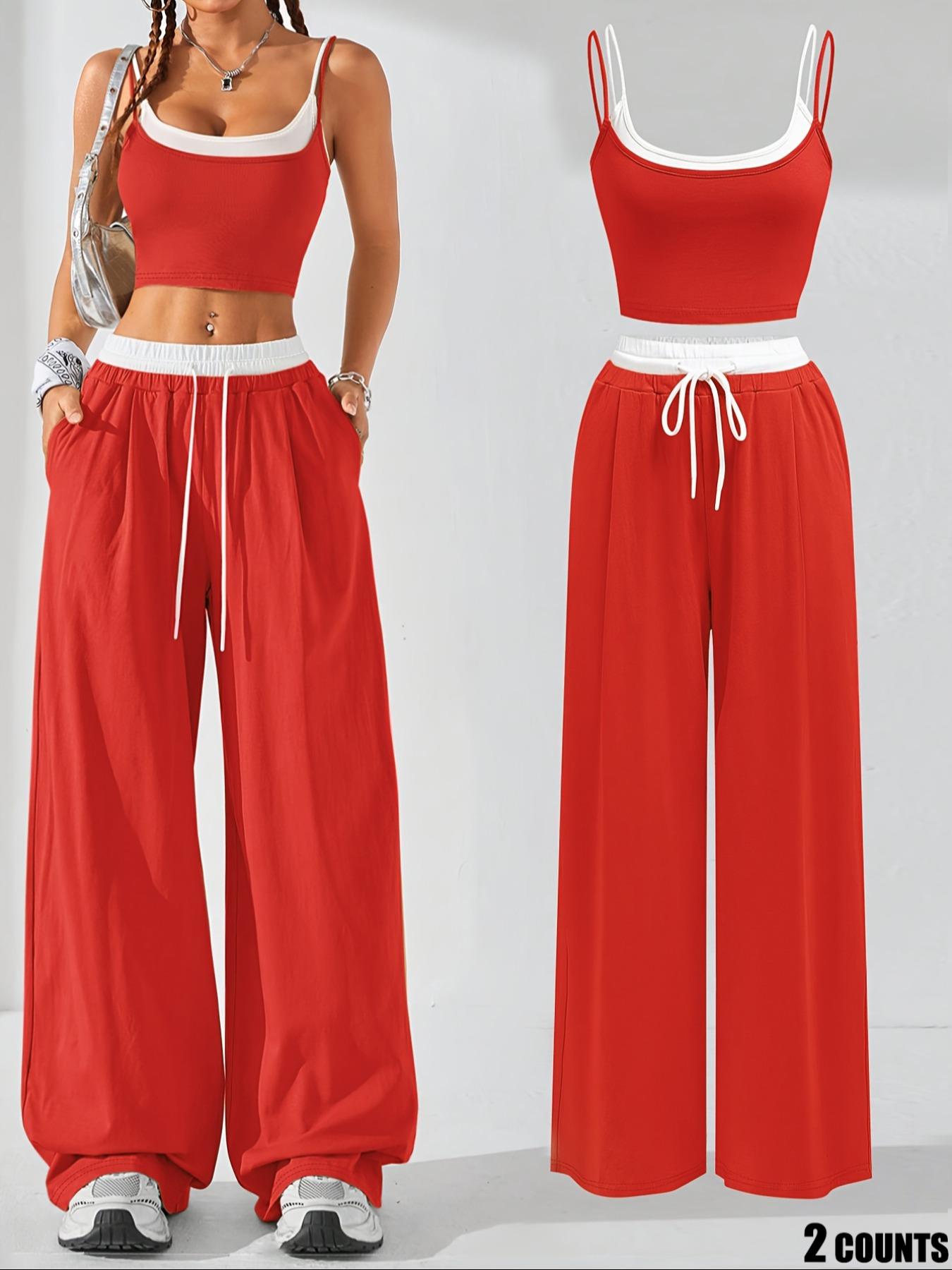 Two-Piece Set Women's Colorblock 2 in 1 Cami Top & Wide Leg Pants Set, Casual Sleeveless Top & Pocket Trousers, Ladies Summer Clothes, Casual Lounge Set, Stretchy Outfit Sets