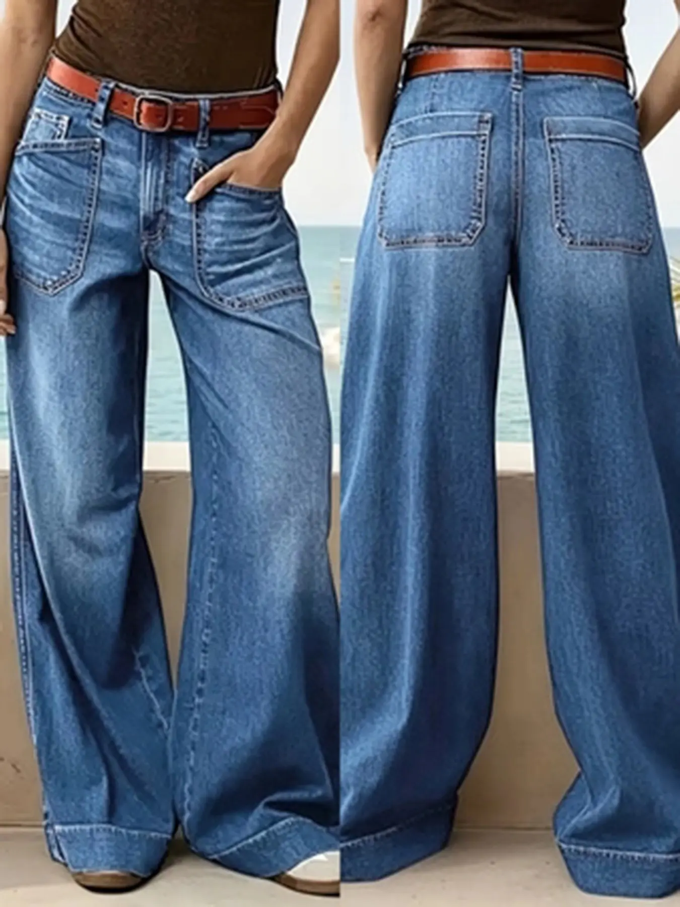 Women's Vintage Low Waist Wide Leg Jeans, Washed Denim with Large Pockets, Casual Fashion Pants for Everyday Wear, Bottom