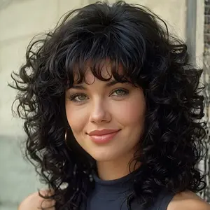 20 inch medium to long black small roll women's wig headband with adjustable bangs, made of synthetic high-temperature silk material suitable for women's daily wear and gatherings
