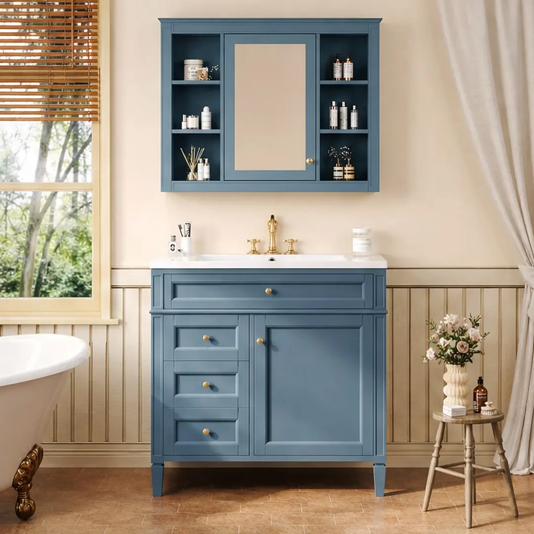 ARCH 36 Inch Indigo Blue Bathroom Vanity Floor Cabinet with Ceramic Sink Top, Solid Wood & MDF Construction, Soft Closing Doors, Matching Medicine Cabinet, Modern Storage Cabinet for Bathroom Organization, Indigo Blue Color Options