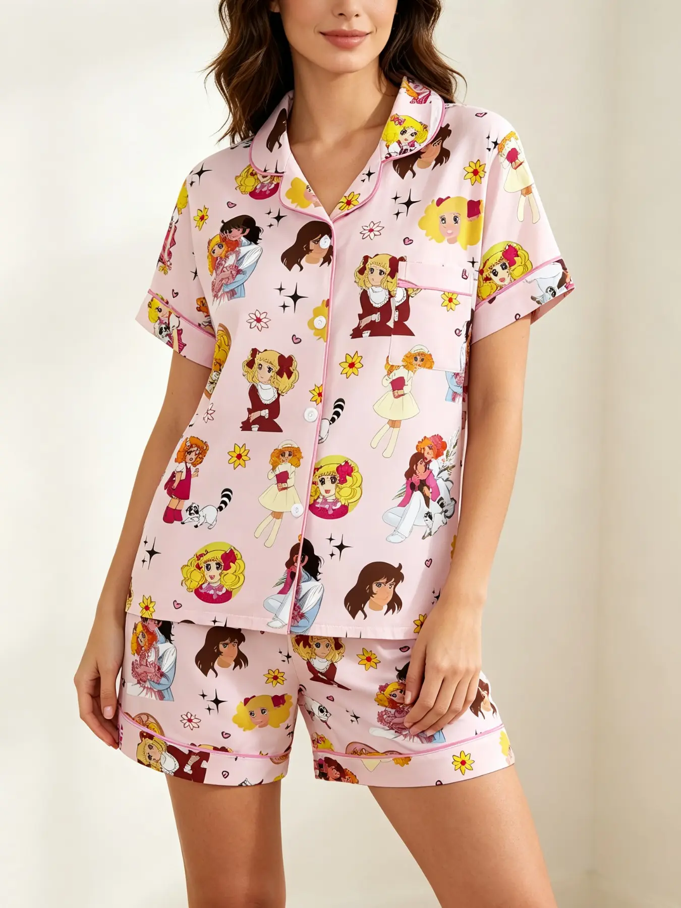Candy Girl Anime Character Pajama Set, Heart Pattern Short Sleeve Shorts, Soft Retro Cartoon, Home & Outdoor Wear, Loungewear