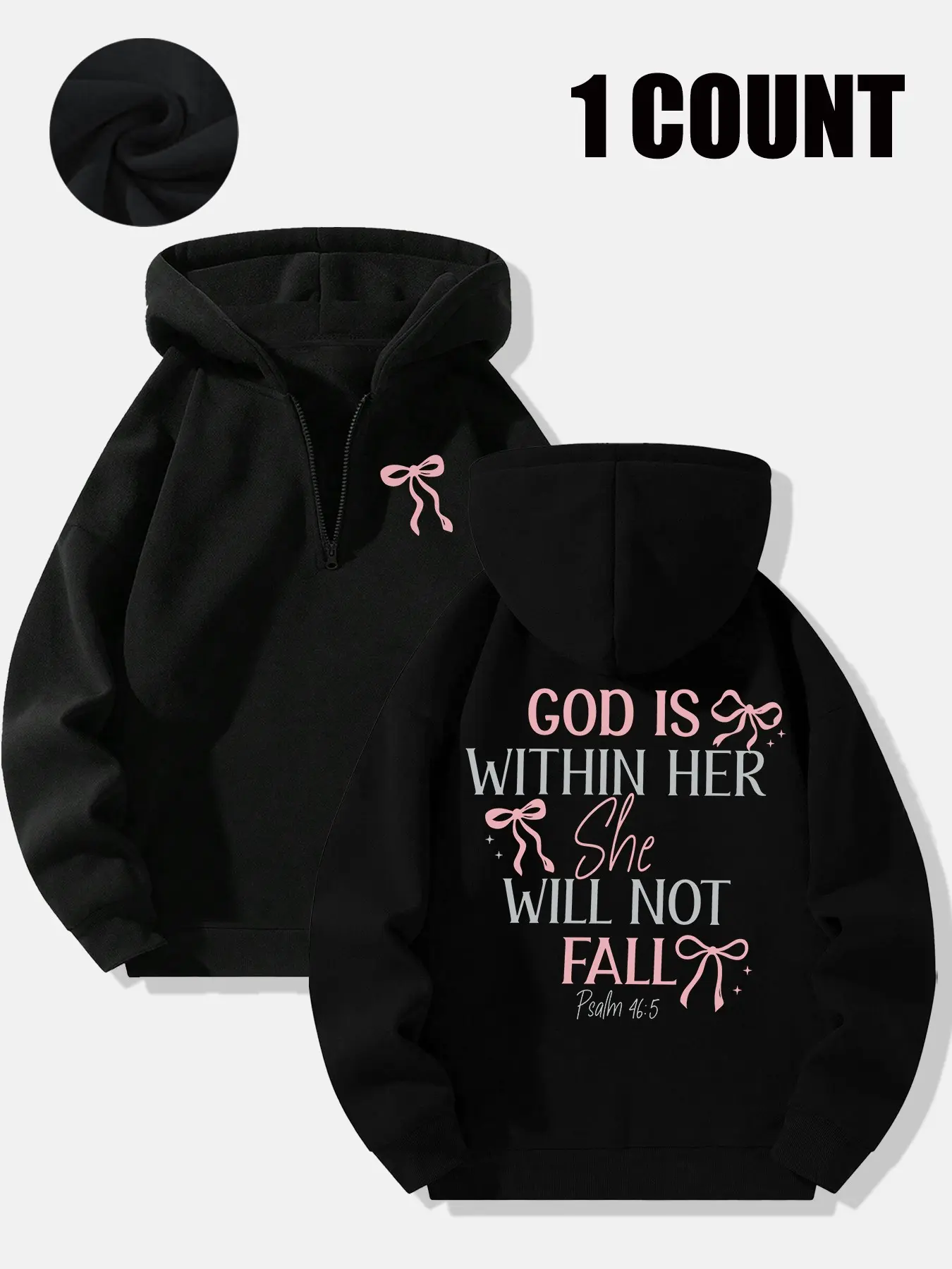 Women's Coquette Pink Ribbon Bow Star Psalm 46:5 God Is Within Her Front & Back Double Print Oversized Thick Fleece Quarter Zip Hoodie Christian Faith Inspirational Casual Sweatshirt For Church Campus Picnic Daily Selfie Outfit