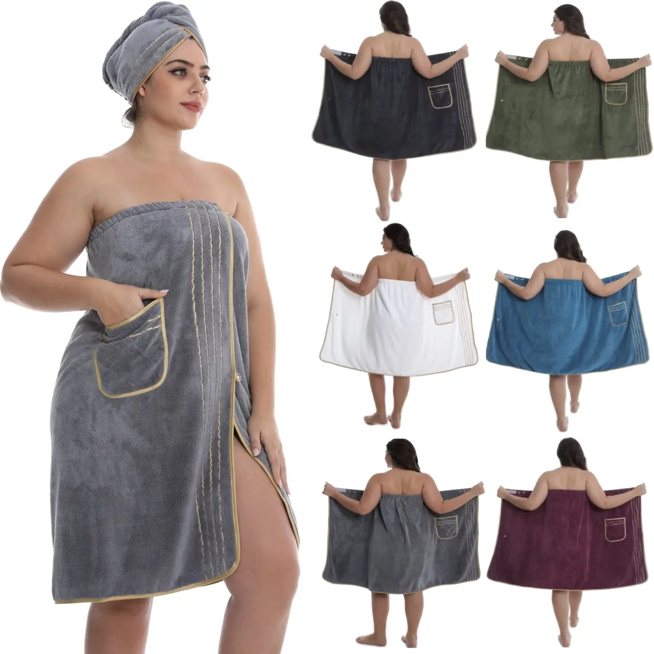 Luxury Gold Line Bath Cap & Robe Set, Aesthetic Extra Large Fall Winter, Lightweight Breathable Warm, Unisex Home Travel Sauna Spa Wear