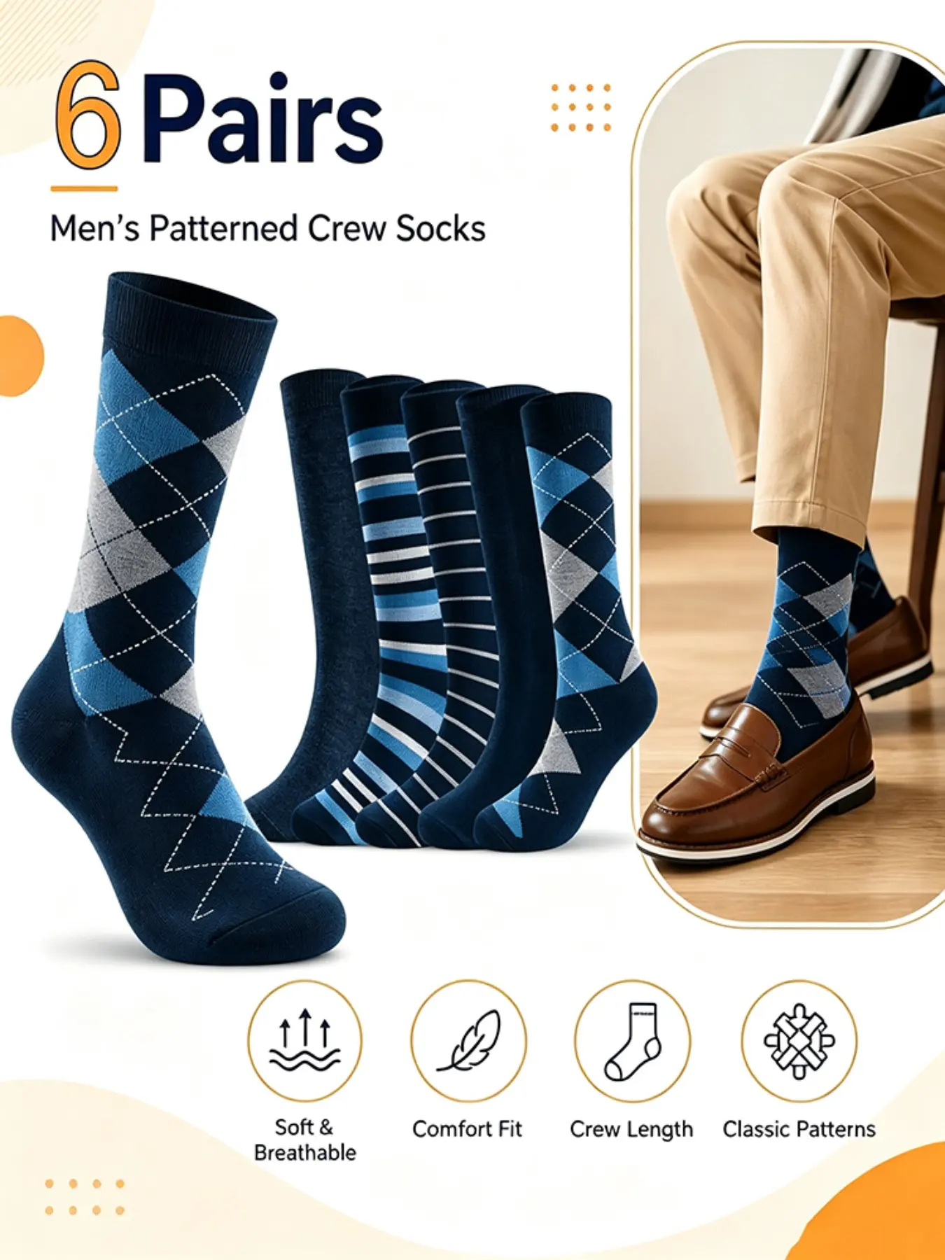 6 Pairs Men's Vintage British Style Business Cuff Socks, Soft Breathable Crew Socks, Rhombus Pattern Solid Color, Office Daily Wear