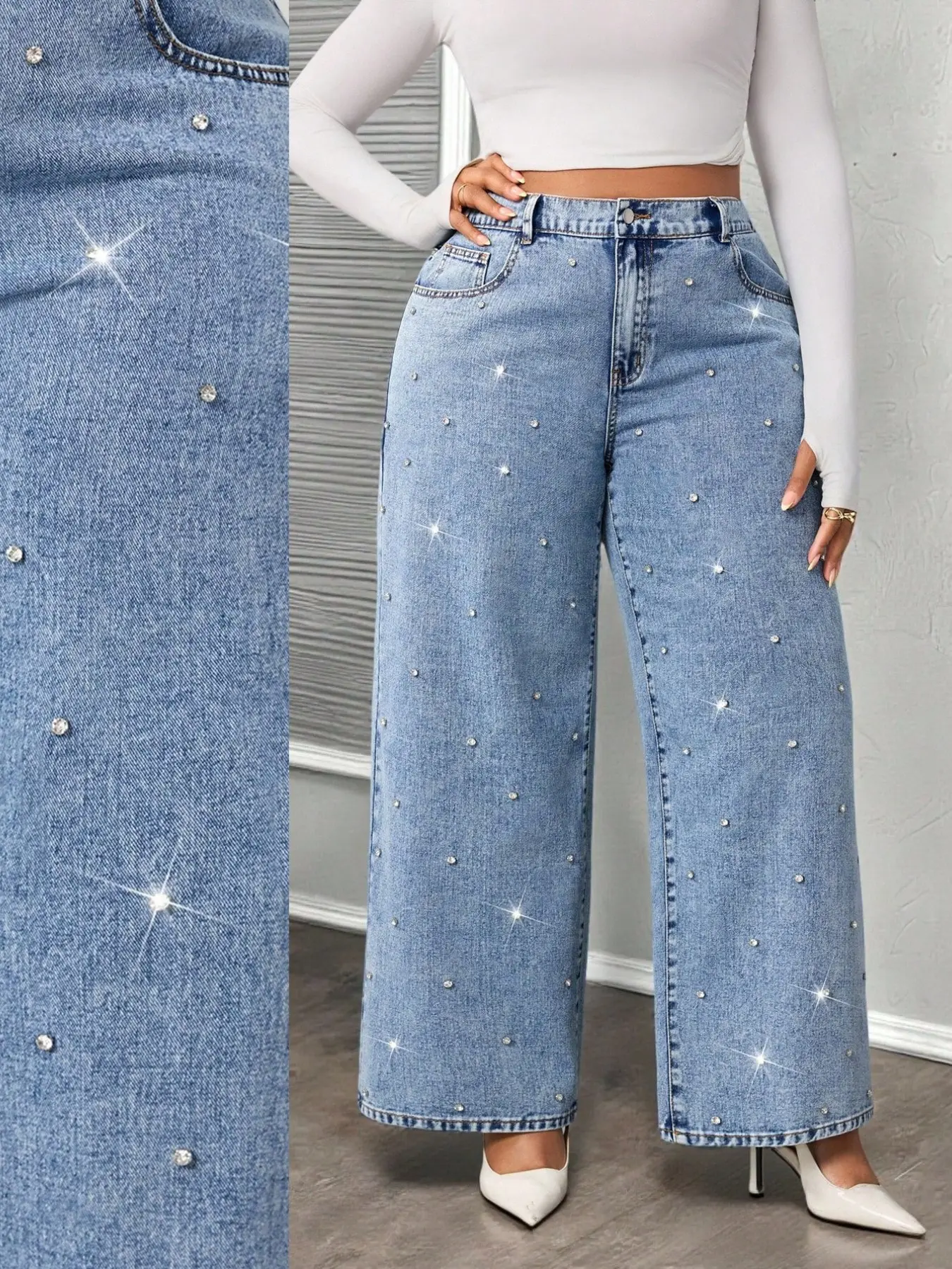 Casual Rhinestone Jeans, Bottoms, High Waist Light Blue Glitter Wide Leg Denim Jeans, Perfect for Parties and Nightlife, Casual Design Jeans