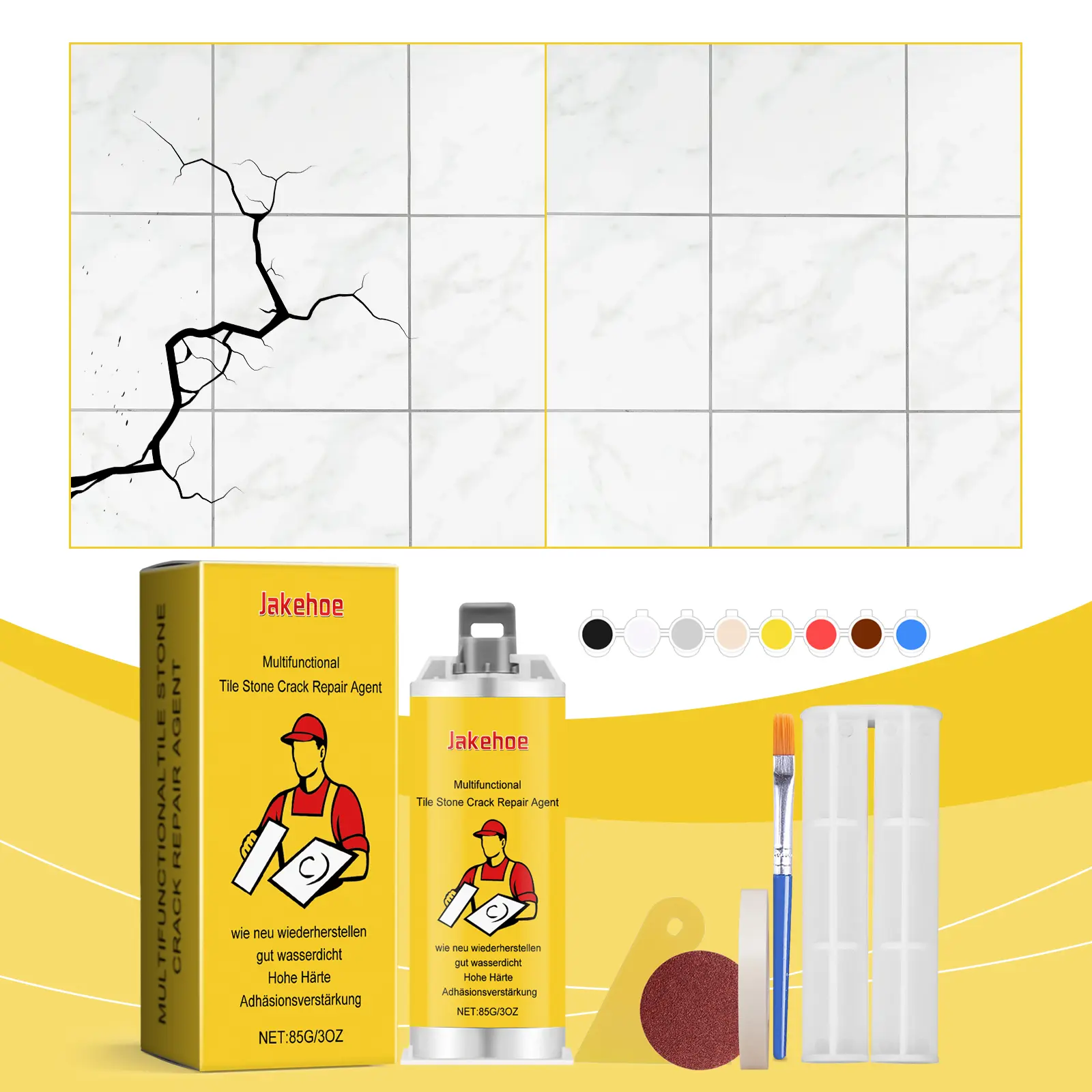 Jakehoe Tile and Stone Crack Repair Kit - 85g Epoxy Ceramic Tile Repair Paste with 8-Color Pigment Set, Waterproof Granite Marble Filler, Complete Tub and Shower Refinishing Kit with Accessories (1-Pack)