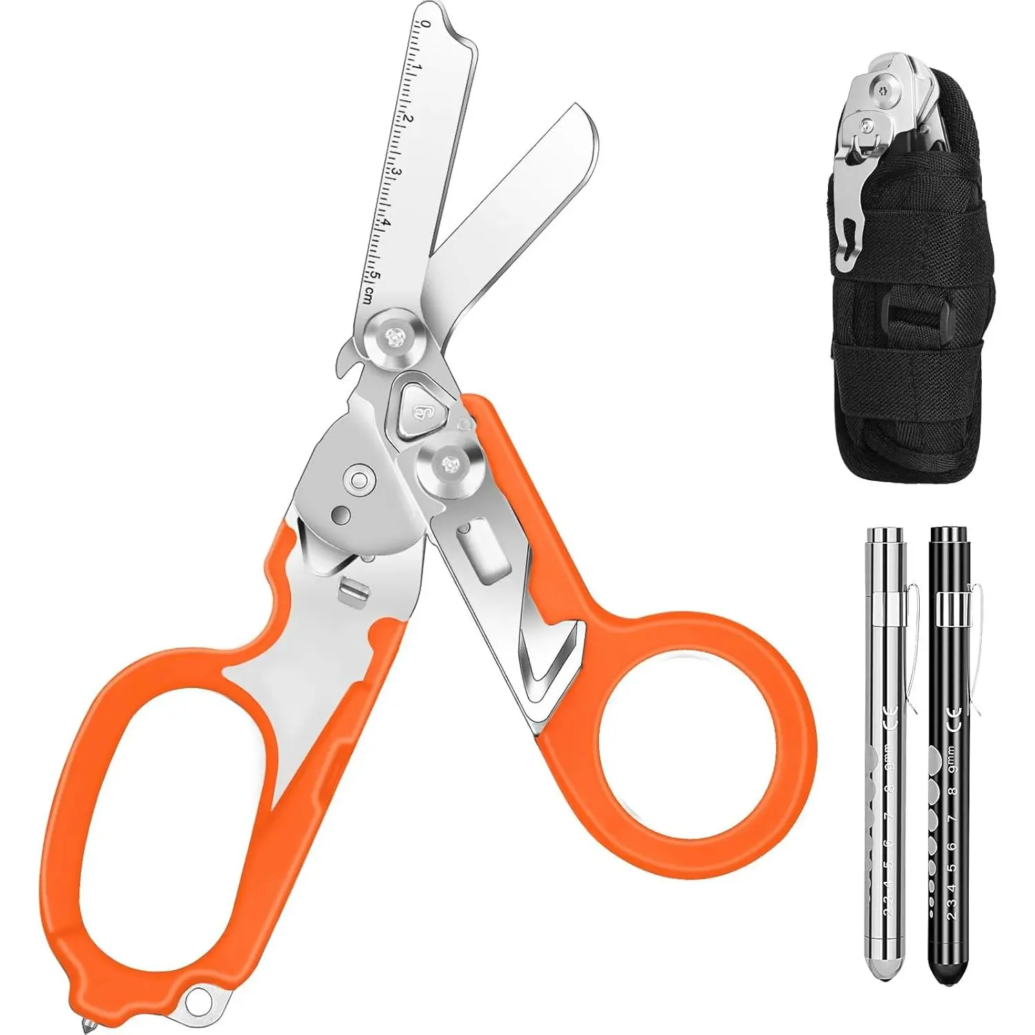 6-Inch Stainless Steel 6-in-1 Multifunction Emergency Response Shears, Foldable Trauma Shears with Strap, Breaker, Holster and Penlight, Orange Medical Hand Scissors, Inches