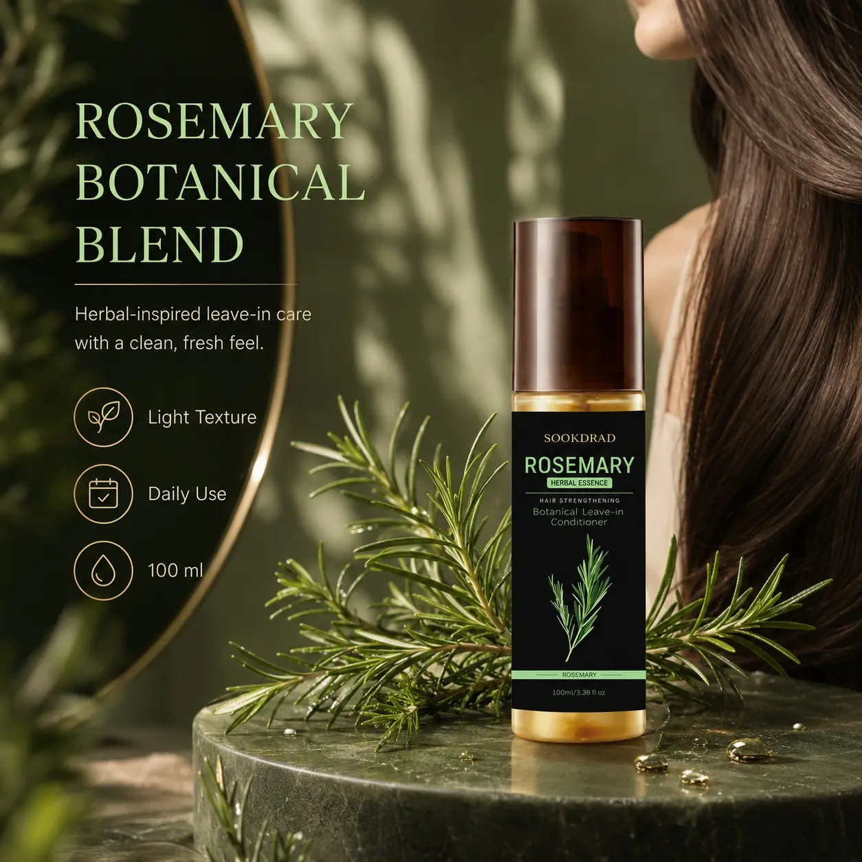 Botanical Leave-in Conditioner, Rosemary Herbal Essence, Hair Strengthening, For Hair, All Genders, All Hair Types, Daily Hair Care, 100ml/3.38 fl oz