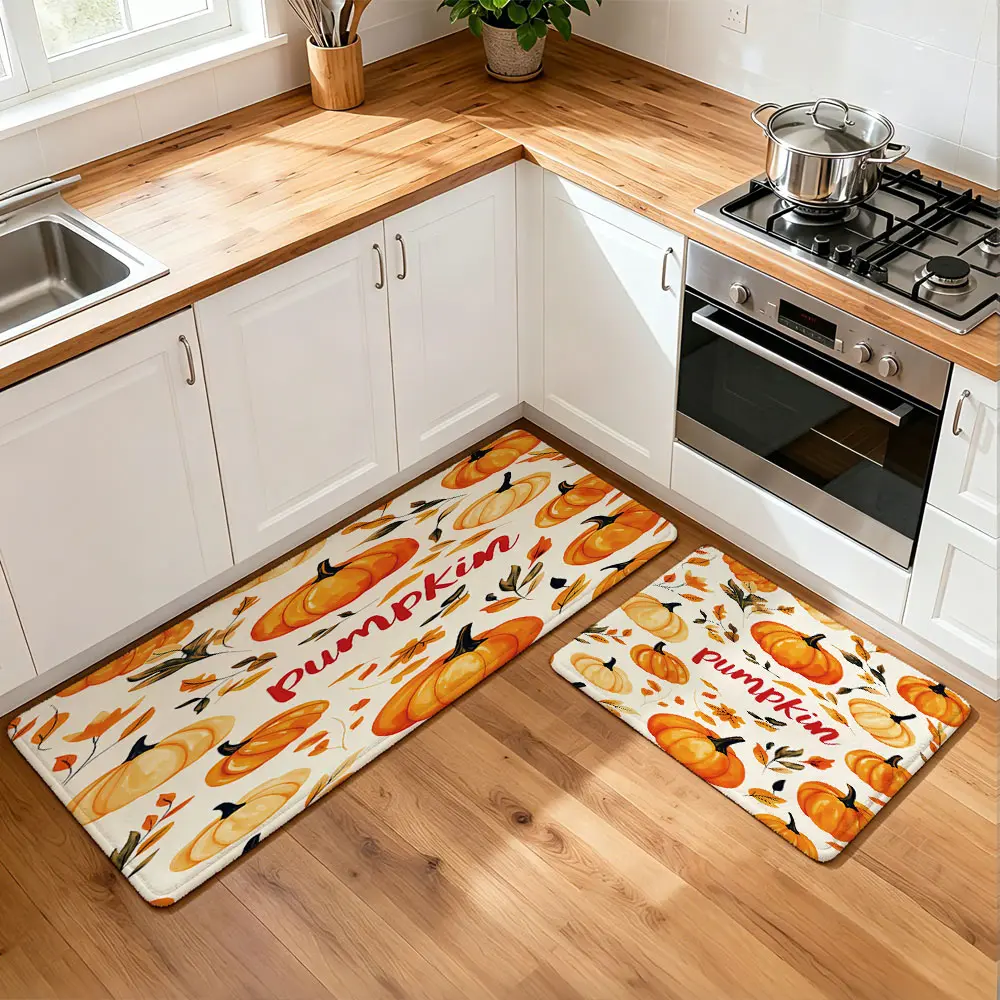 Set of 2 Kitchen Mats, Gradient Yellow Autumn Pumpkin Print, TPR Non Skid Backing Absorbent Washable Kitchen Runner Carpet