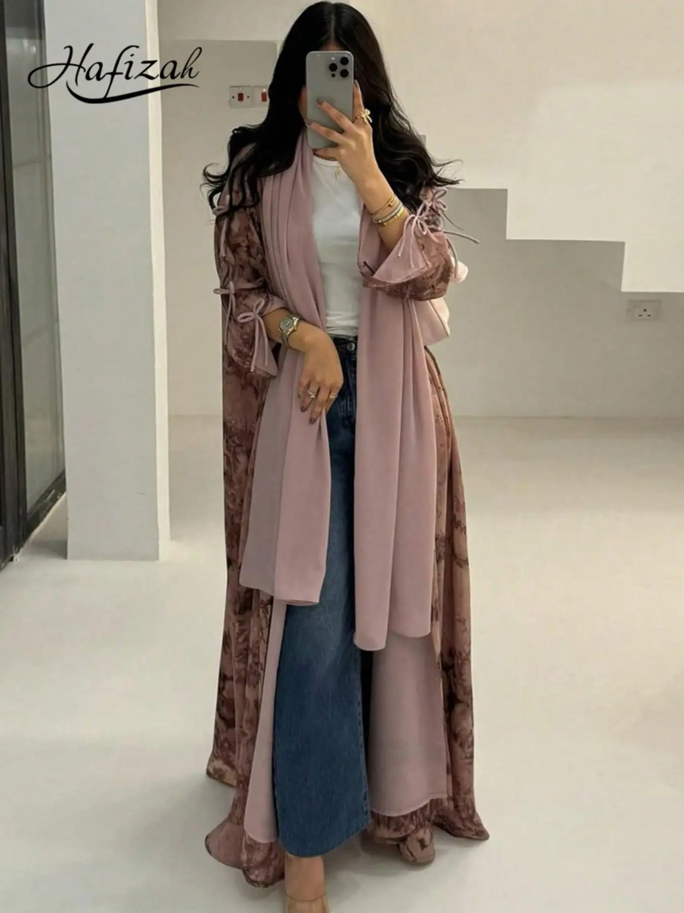 Hafizah Summer Modest Fashion Women's Chiffon Printed Two-Piece Set with Headscarf, Hijab Set, Islamic Clothing Set, Loose-Fitting Outerwear for All Seasons, Fashion Muslim Set