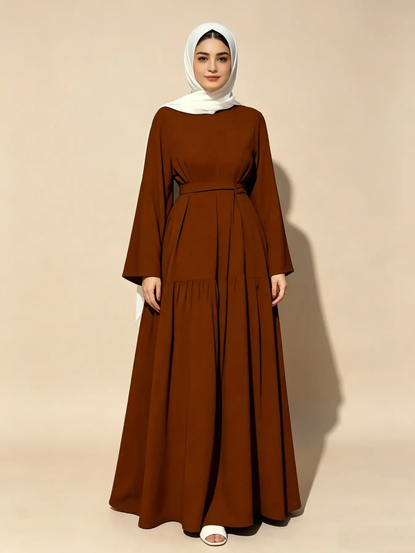 Women's Navy Belted Tiered Flare Sleeve Modest Abaya, Elegant Formal Islamic Hijabi Style Muslim Clothing, Flowy Crepe Fabric, All Seasons Dress