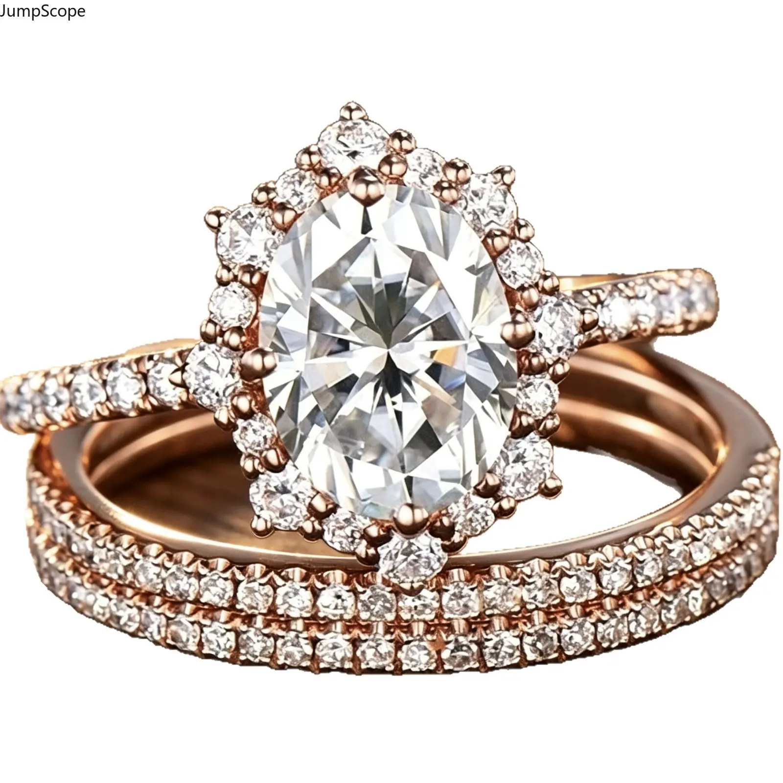 Women's New 3-Pcs Rose Gold Oval CZ Accents Halo Stackable Rings Set - European Full Pave Wedding Band, MDF+Steel Female Wear Proposal Gift, Oval Halo