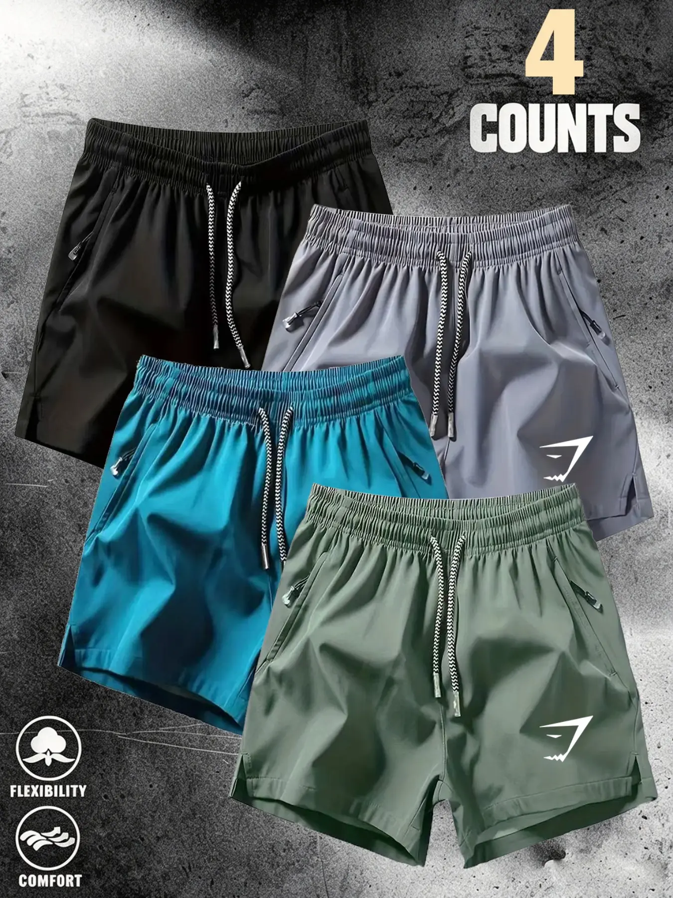 Men's Shark Icon Print Ice Silk Quick-Dry Athletic Casual Shorts, Loose-Fit Waistband with Drawstring, Outdoor Running Fitness, Casual All-Season Wear