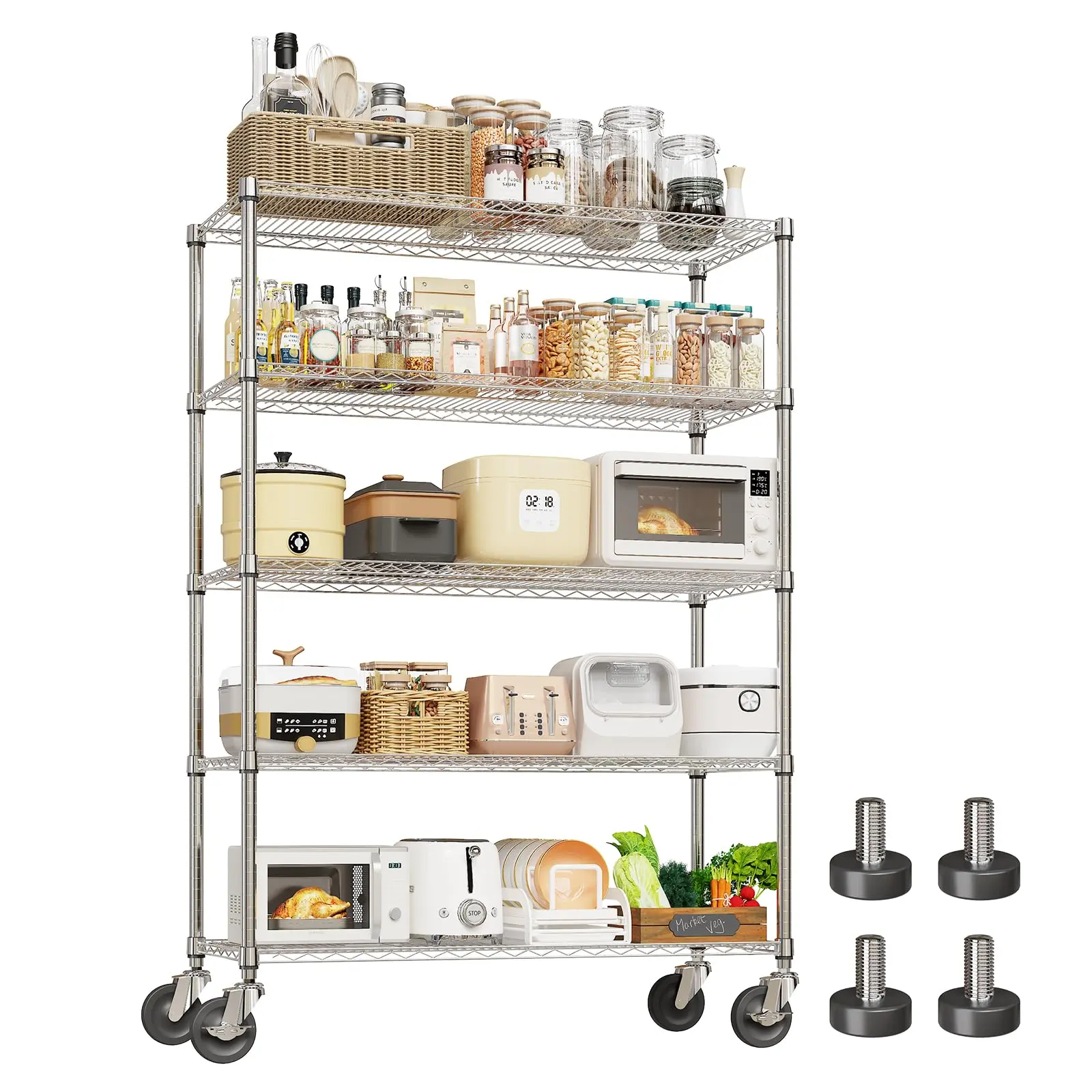 5/4/6-Tier Metal Shelving with Wheels Heavy Duty Chrome Plating NSF Wire Rack Kitchen Garage Pantry