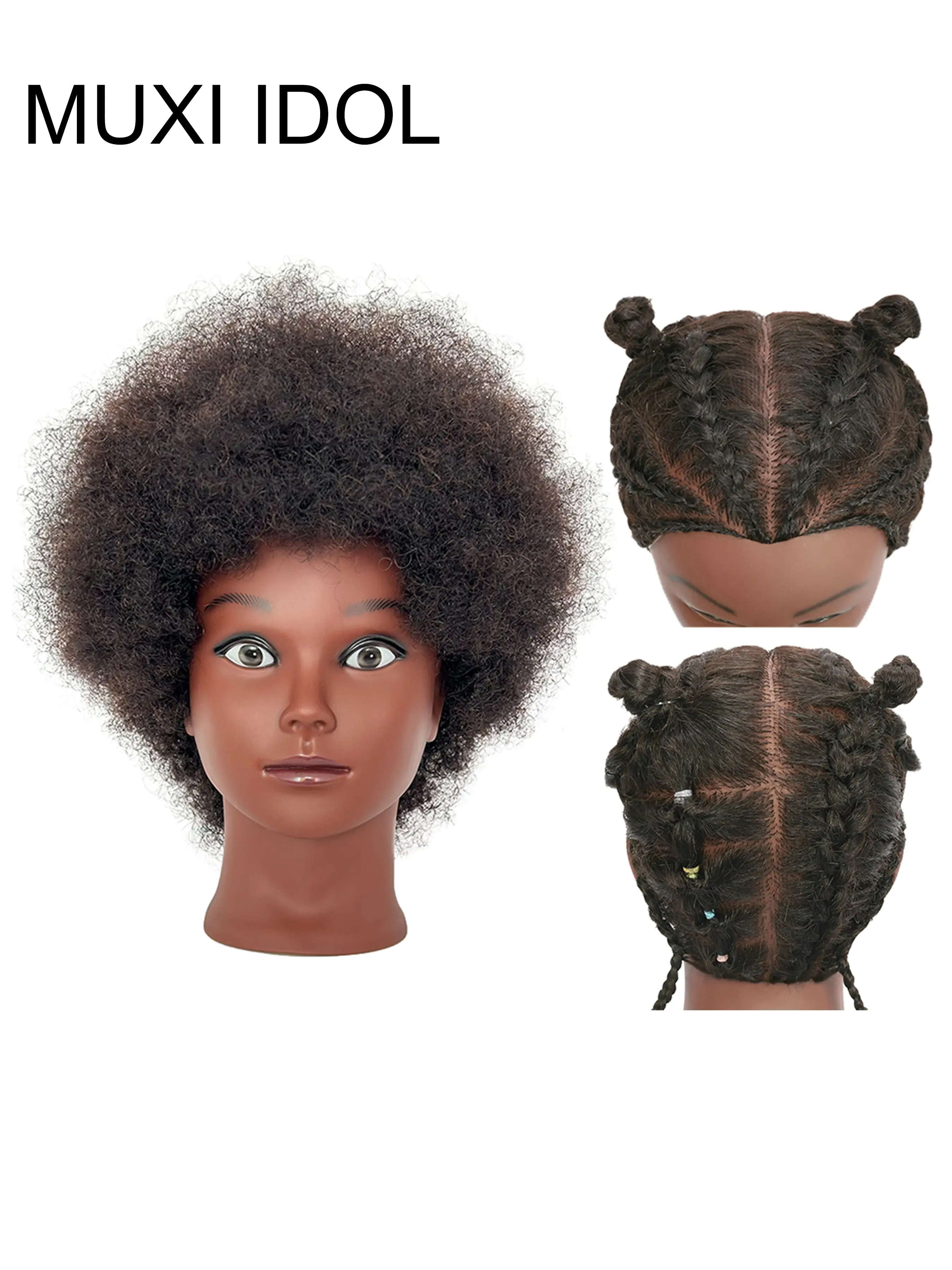 8-Inch African Afro Model Head, 100% Real Hair Training Head, Braiding Practice Mannequin Head Dummy, Cornrow and Ponytail Styling Tool, Hair Doll Head