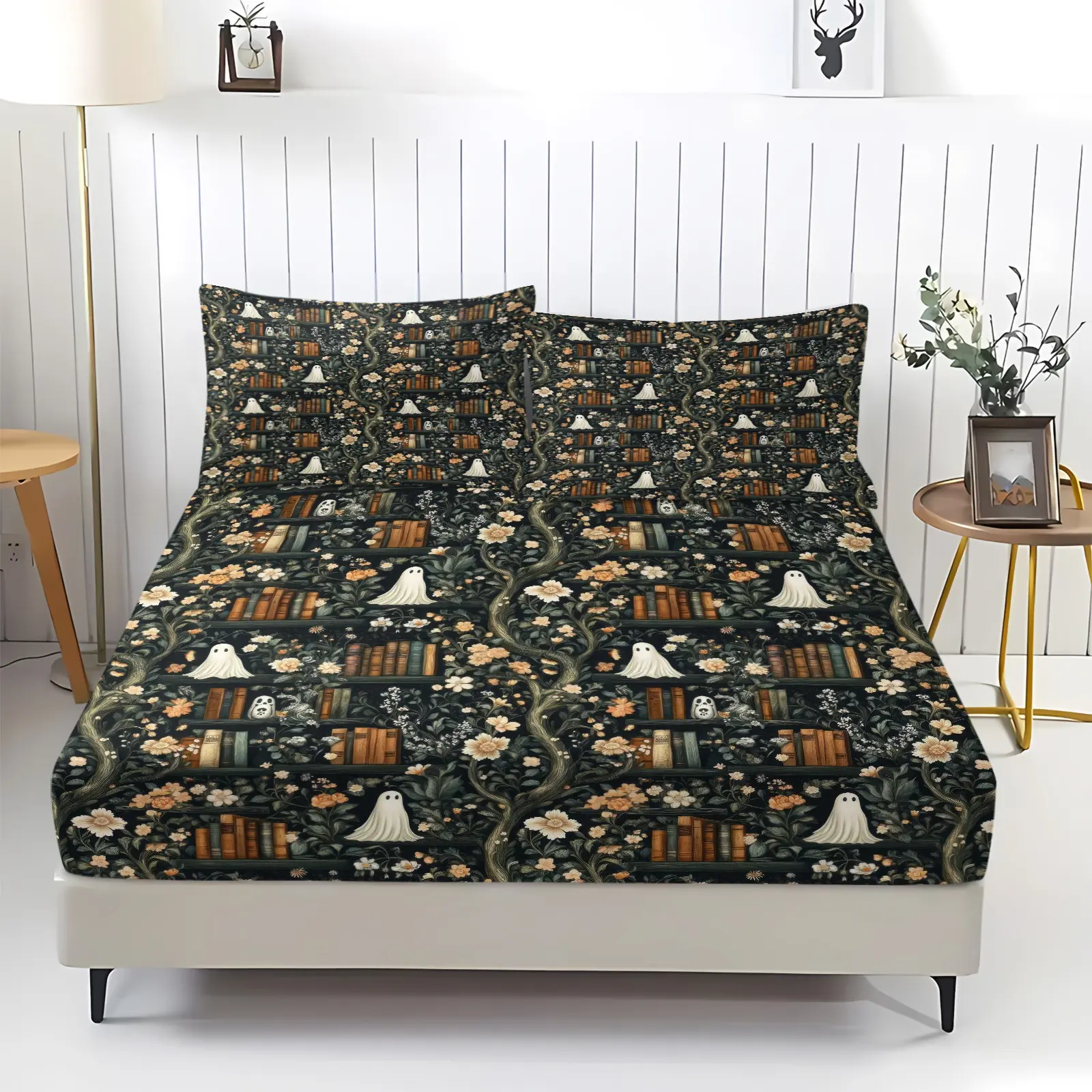 Dark Library Ghost Floral Fitted Sheet Set, Bed sheet set, Vintage Book Tree Digital Print Bedding, Soft Deep Elastic Pocket, Machine Washable, Includes 2 Pillowcases - without Core, Gothic Halloween Bedroom Decor