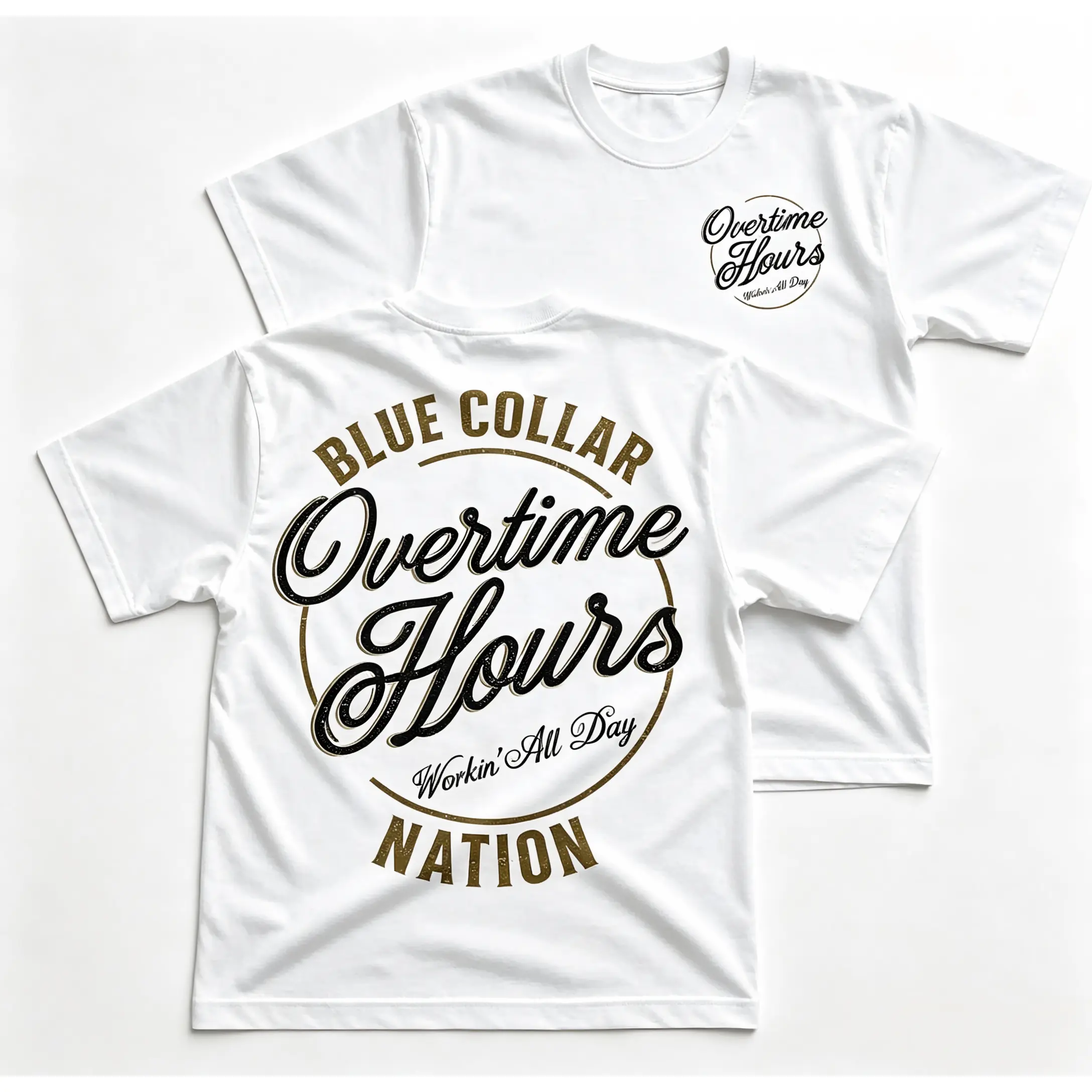 Blue Collar Overtime Hours Workwear T-Shirt, Tradesman Graphic Tee, Vintage Script Lettering Back Print Shirt, Front Chest Overtime Logo Tee, Black Blue Collar Labor Apparel, Work Hard Gift For Men Women