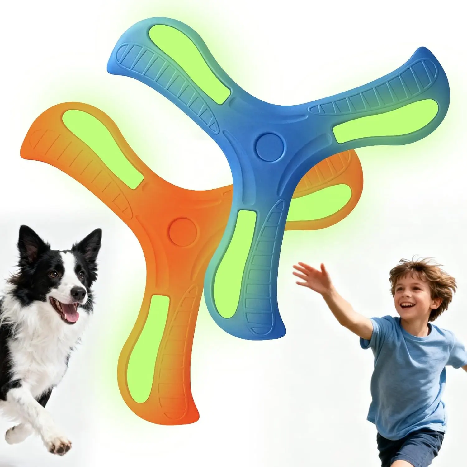 Pet Dog Luminous Boomerangs, Easy to Throw Boomerang  Adults and Kids, Doggy Outdoor Toy Flying Glow in The Dark, Blue and Orange, 2 Piece