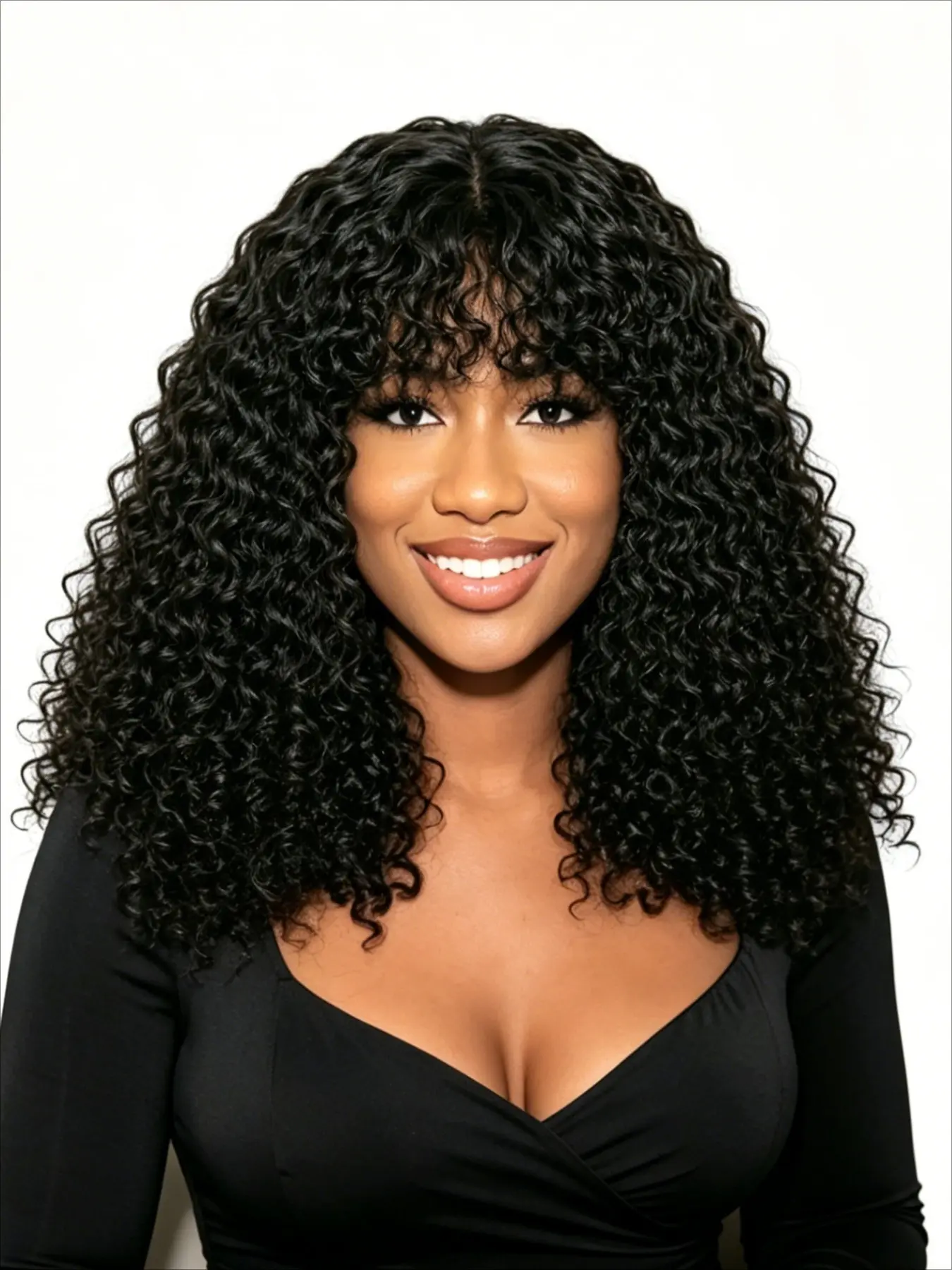 Trendy 4C Jerry Curl Short Bob Wig, Thick Fringe Bangs, Mixed Human Synthetic Hair, Glueless Wear, Brazilian Remy Real Hair Blend