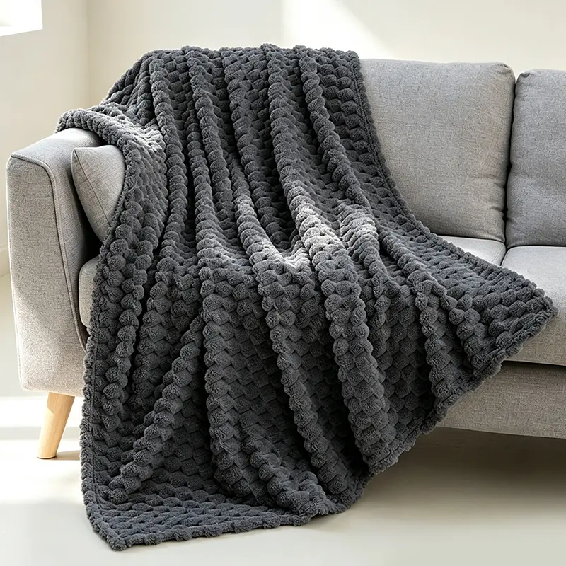 Trendy Solid Color Fine Grid Plush Throw, Ultra Gentle Warm Fluffy Material, All-Season Decor Blanket for Family Daily Use, Dorm & Guest Room Styling