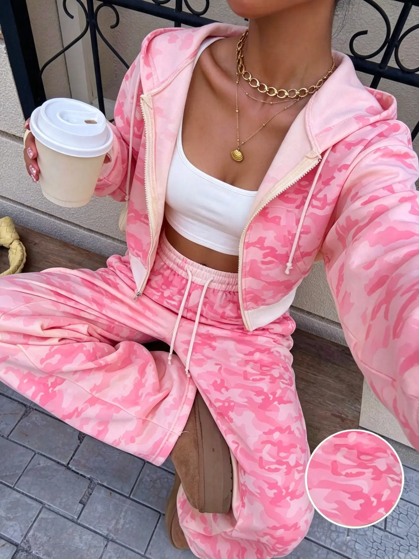 Women Pink Camo, Camouflage Two Piece Matching Outfit Zip Up Cropped Hoodie High Waist Baggy Wide Leg Sweatpants Y2K Aesthetic Gen Z Trendy Streetwear Hip Hop Retro Daily Loungewear Jogging Workout Going Out Lounge Tracksuit Loose Fit Teen Girls Outdoor