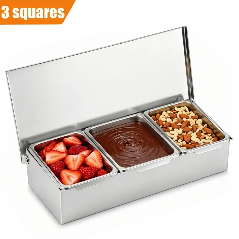 Stainless Steel Chilled Condiment Station Food Storage – Features 3/4/5/6 removable top compartment containers with lids and a bottom ice tray; space-saving, easy to clean, and ideal for picnics, restaurants, buffets, and home kitchens.