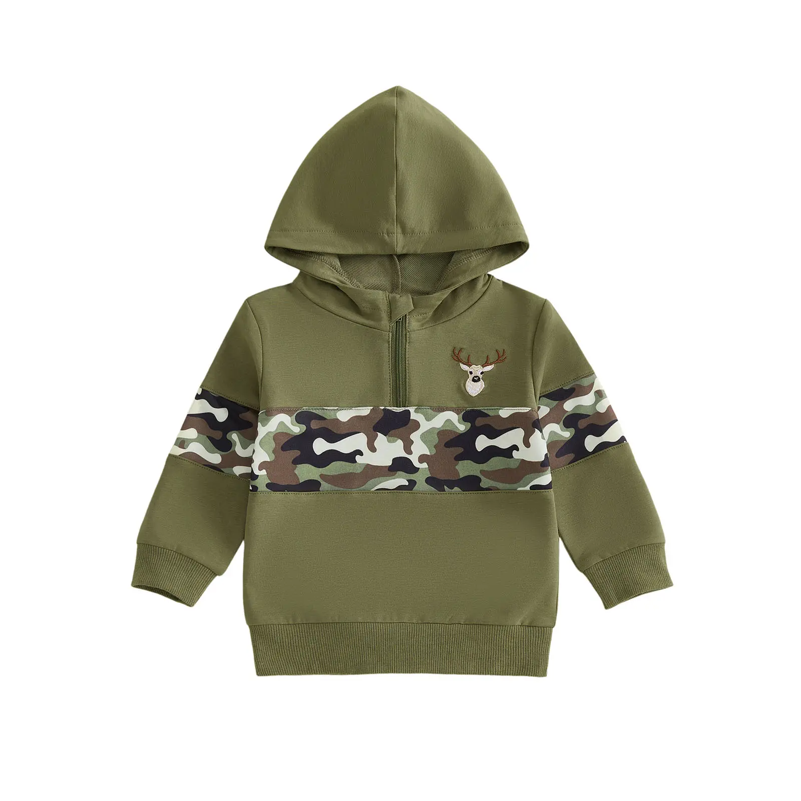 Toddler Boy's Camouflage Patchwork Hoodie, Polyester-Elastane, Long Sleeve Quarter-Zipper, Fall-Winter Outerwear, 6M-4T (18-24 Months, 2-3 Years Sizes Included)