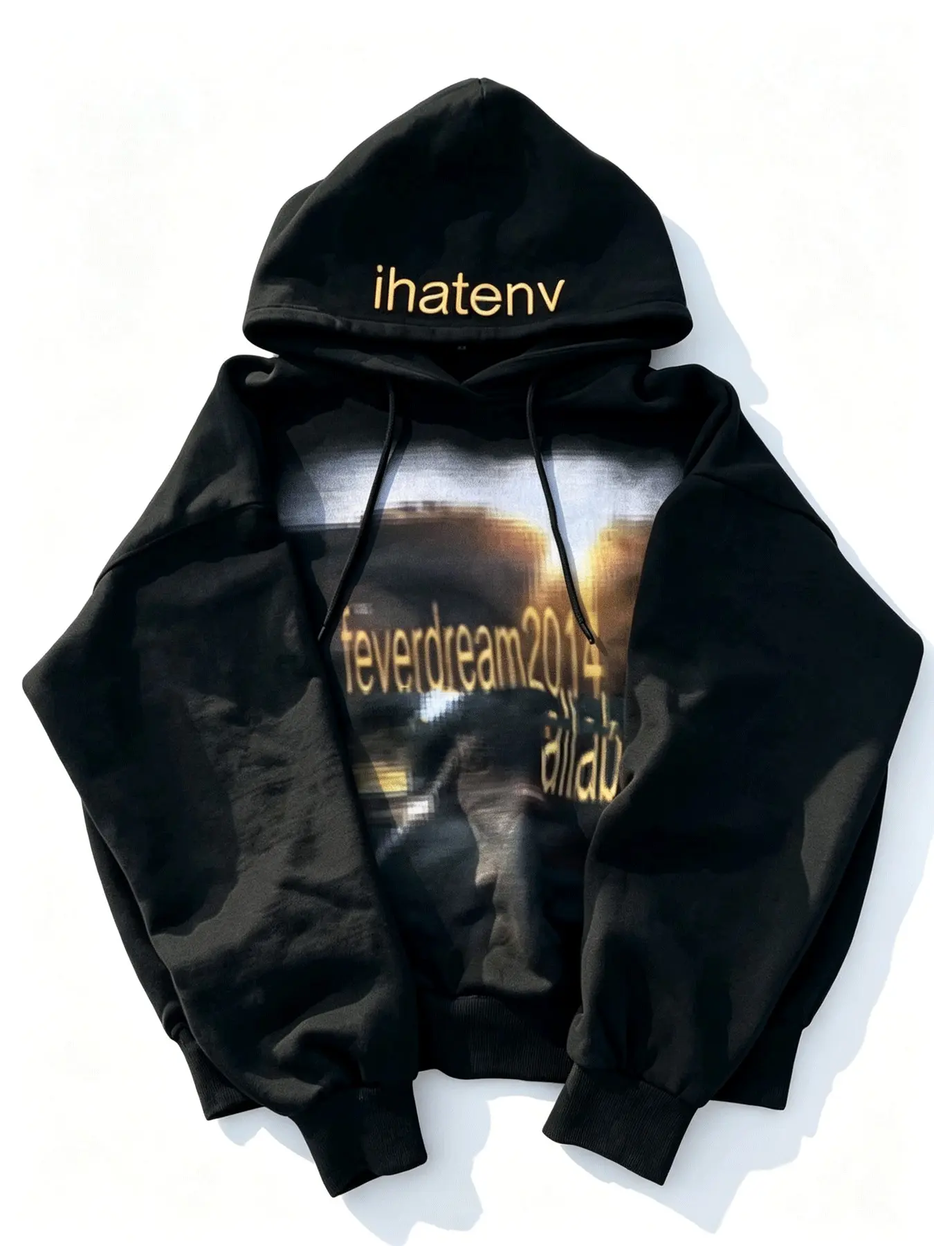 Blur Vintage Scene Feverdream Letter Print Hoodie Men, Black Hood Embroidery Oversized Loose Grunge Y2K Retro Streetwear Pullover Sweatshirt