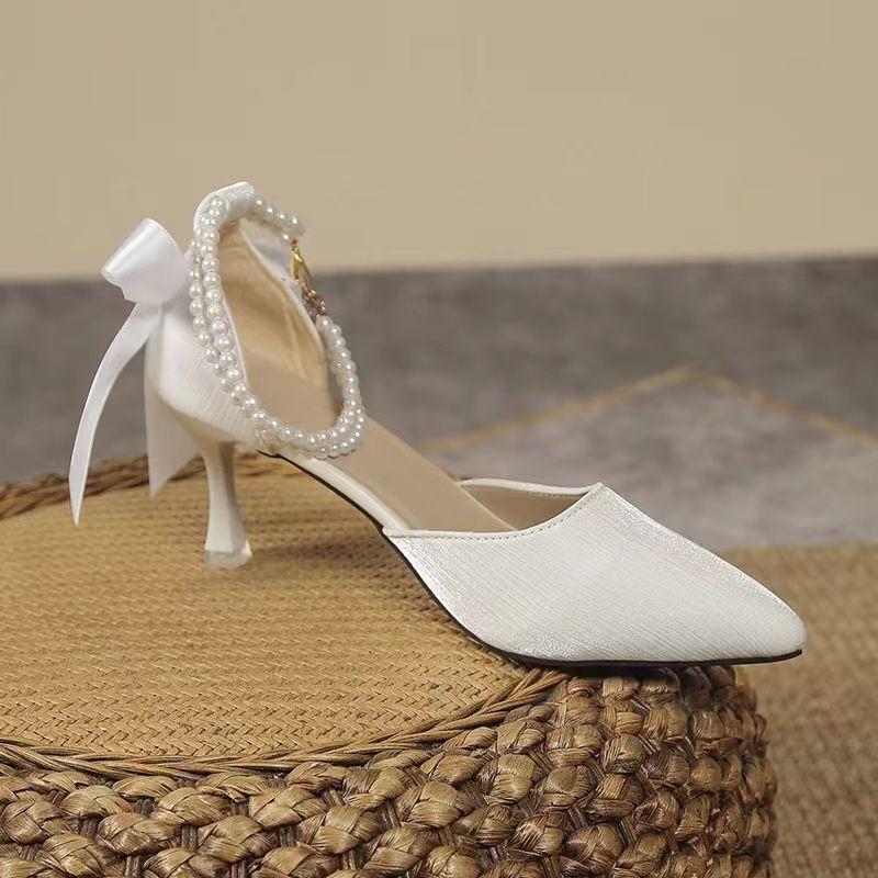 French Style Pearl Sandals Pointed Toe Thin Heel Summer Slimming Fairy Style Women High Heels