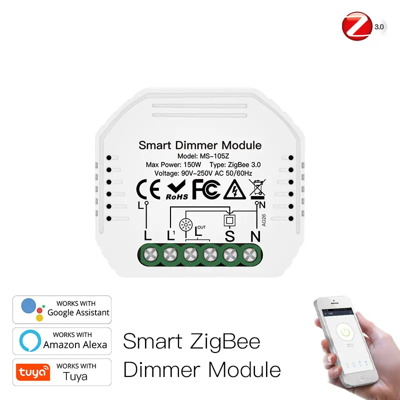 Tuya Zigbee Smart Dimmer Switch Module with PC & Copper Components, 2A, 50-60Hz, 100000 Cycles, Amazon Alexa Compatible, Indoor Use, 1-Year Coverage, App Remote Control