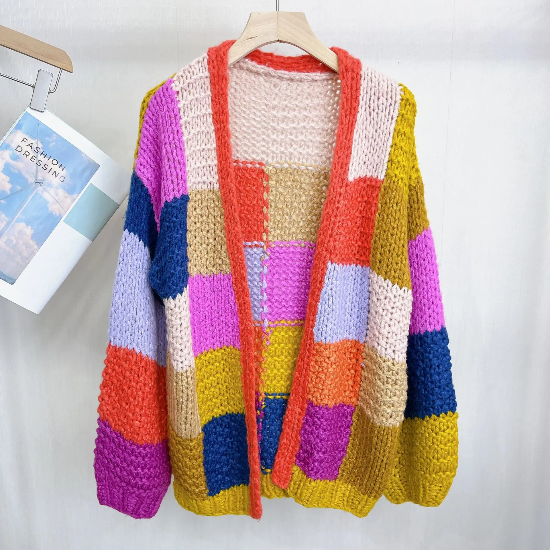MIAO Women's Handknitted Sweater Colorful Plaid Cardigan Without Buttons outfits Y2K Style Crochet Design Cozy Fashion  Knitwear Knitting Tops Long Sleeve