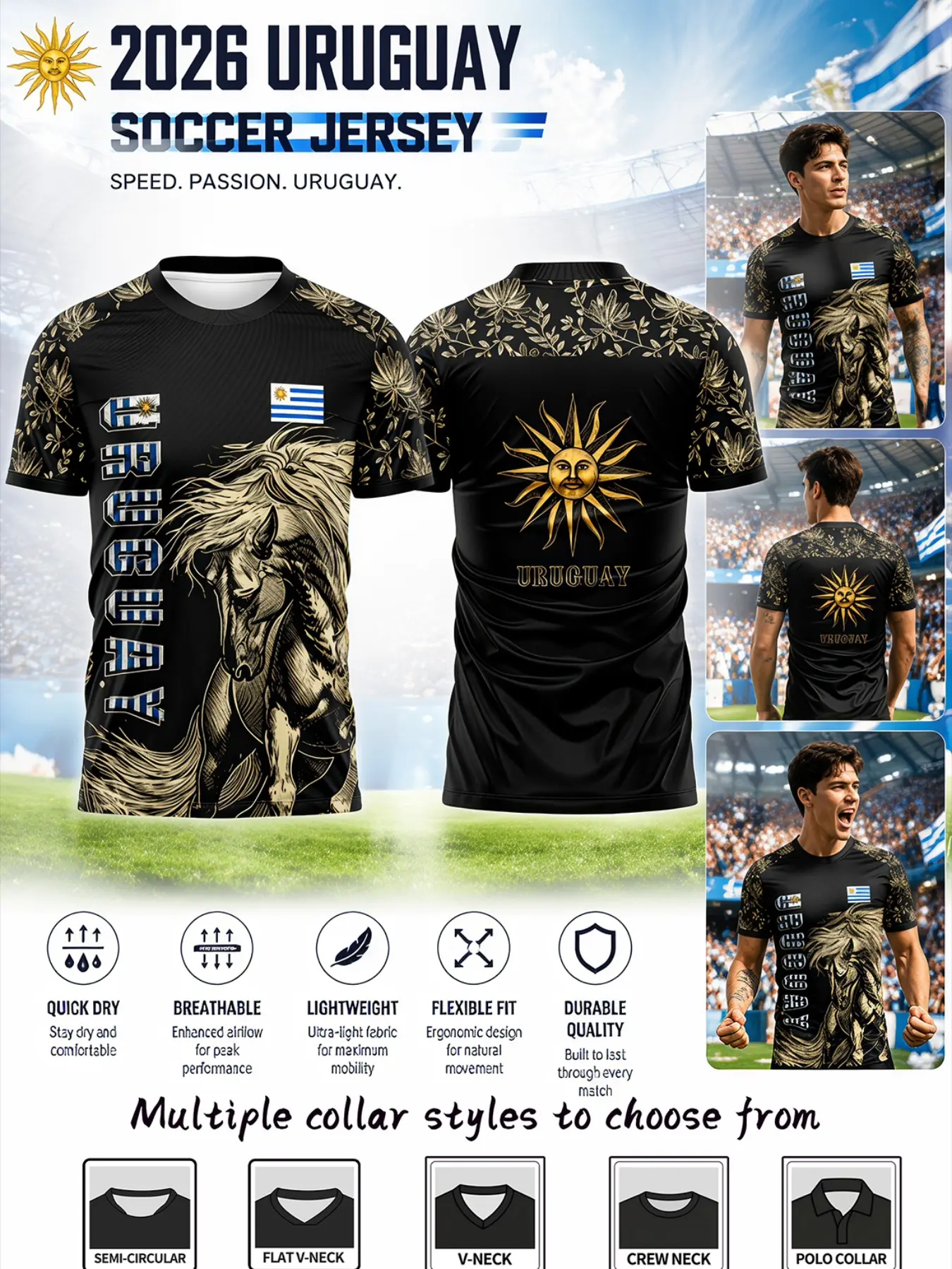 Uruguay National Pride Soccer Jersey, Tropical Floral Art, Indigenous Wild Horse, May Sun Flag, Breathable Sportswear, Short Sleeve T-Shirt