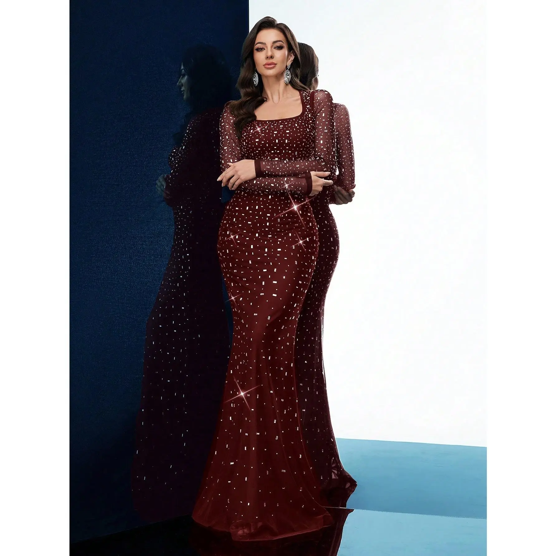 Women's Formal Dresses for Women, Burgundy Mesh Rhinestone Mermaid Evening Gown, Square Neck Long Sleeve Prom Dress