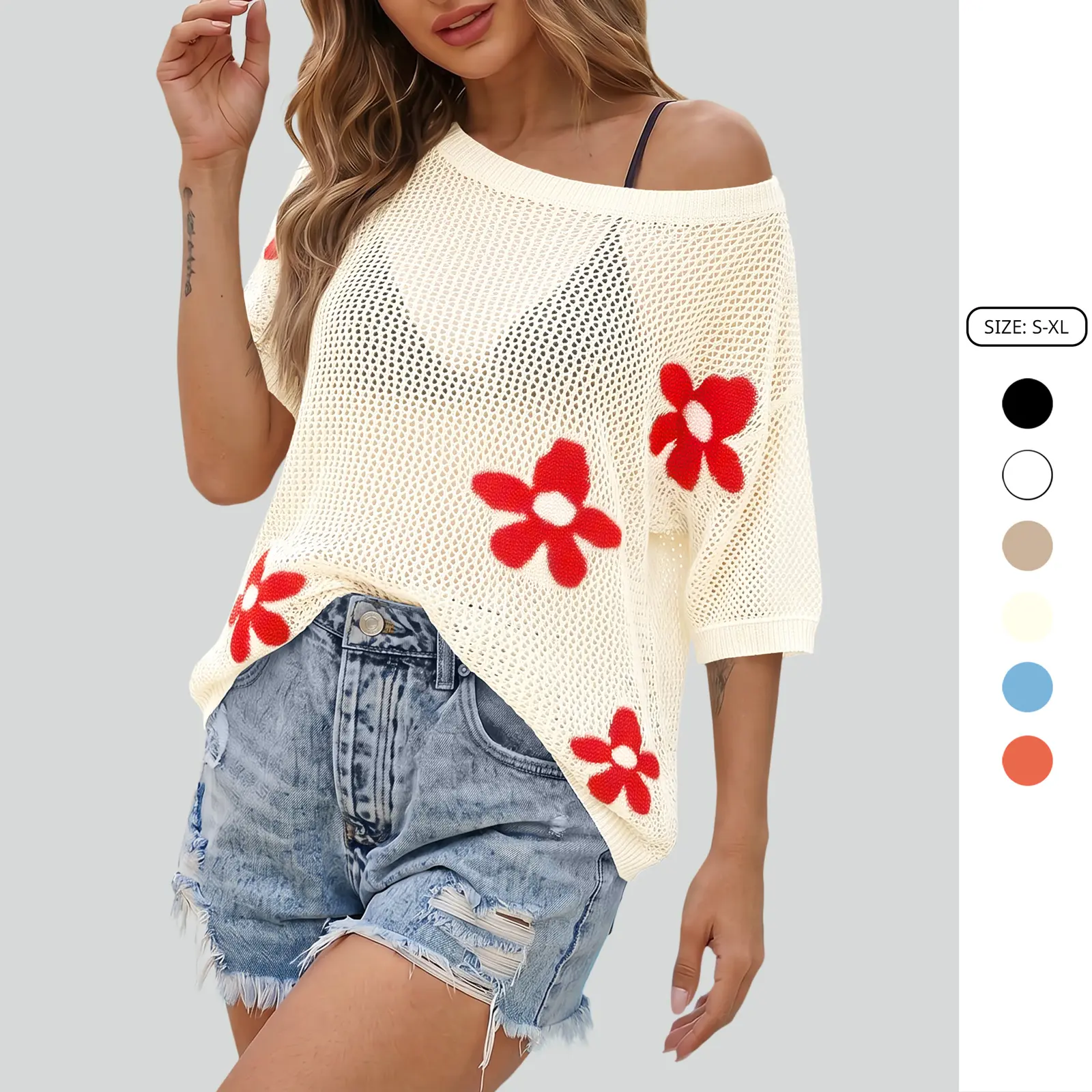 Imily Bela Crochet Floral Sweater Tops Batwing Short Sleeve Oversized Boat Neck Boho Knit Summer Beach Cover Ups