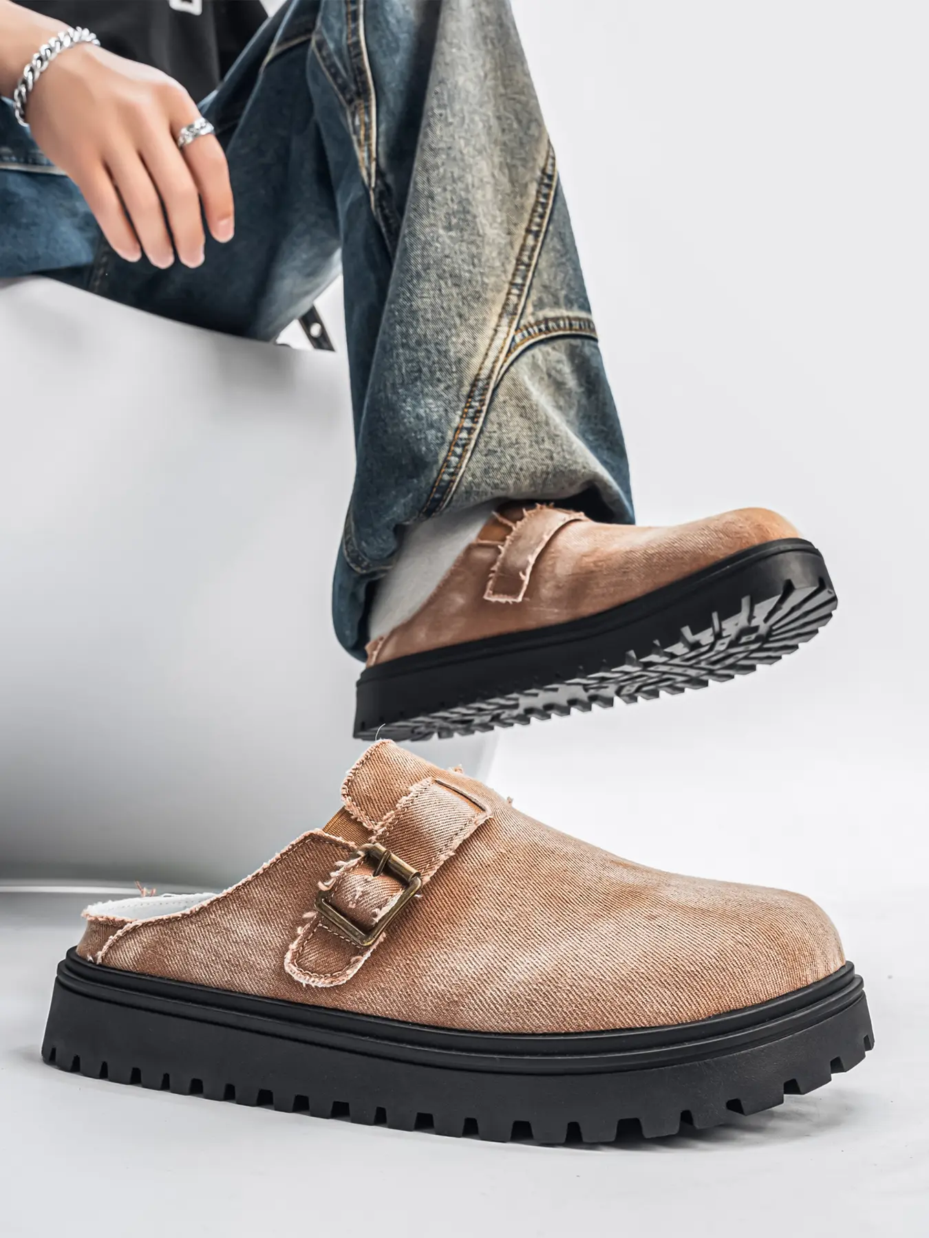 Men's Denim Single Buckle Frayed Edge Backless Mules, Vintage Washed Platform Slip-On Casual Slides