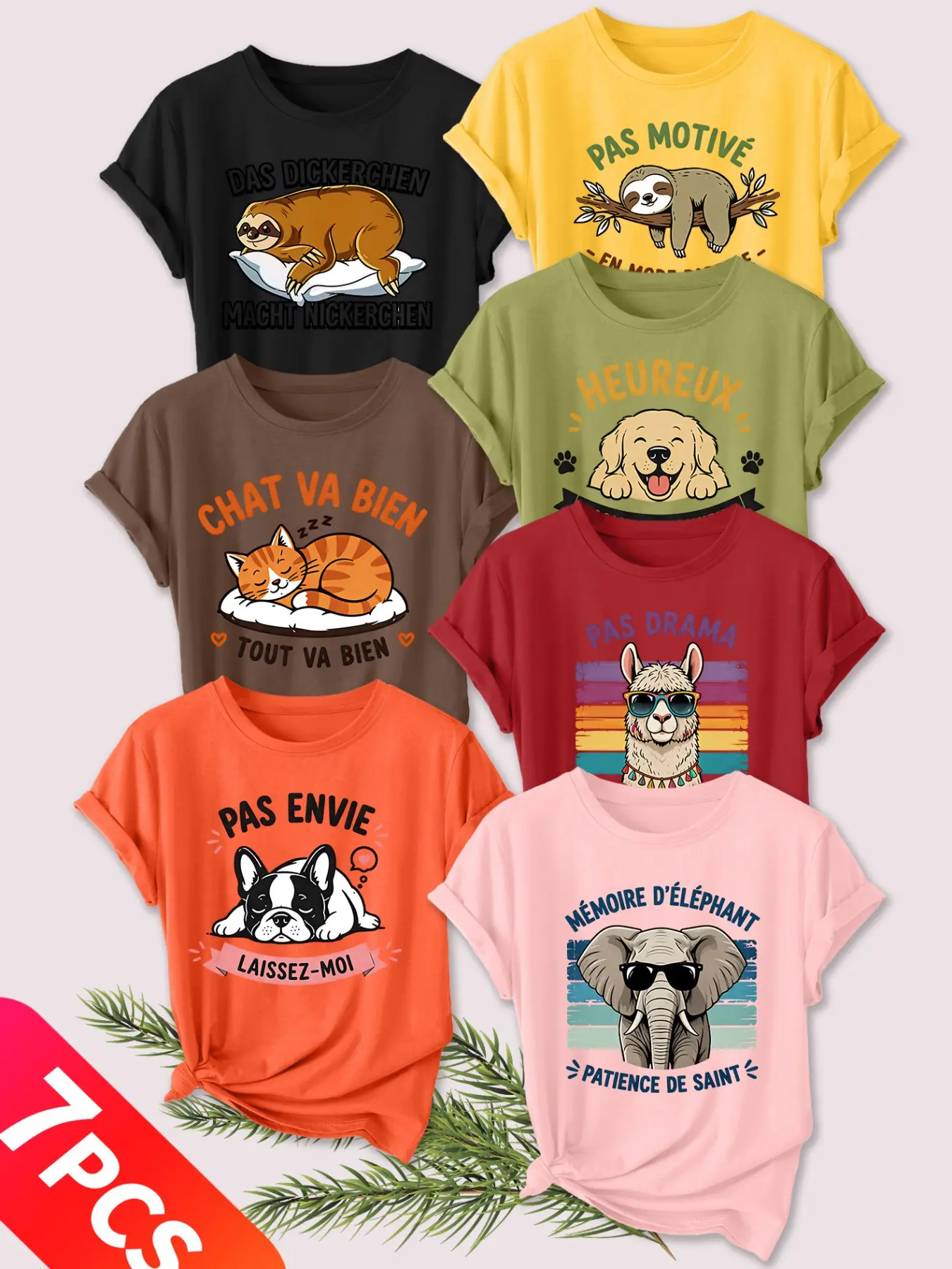 7Pcs Women Crew Neck T-Shirt, Lazy Sloth Alpaca Bulldog With German & French Text Print, Multi-color Washable Spring Summer Casual Top, Soft Skin-friendly Fabric Daily Versatile Fashion Design