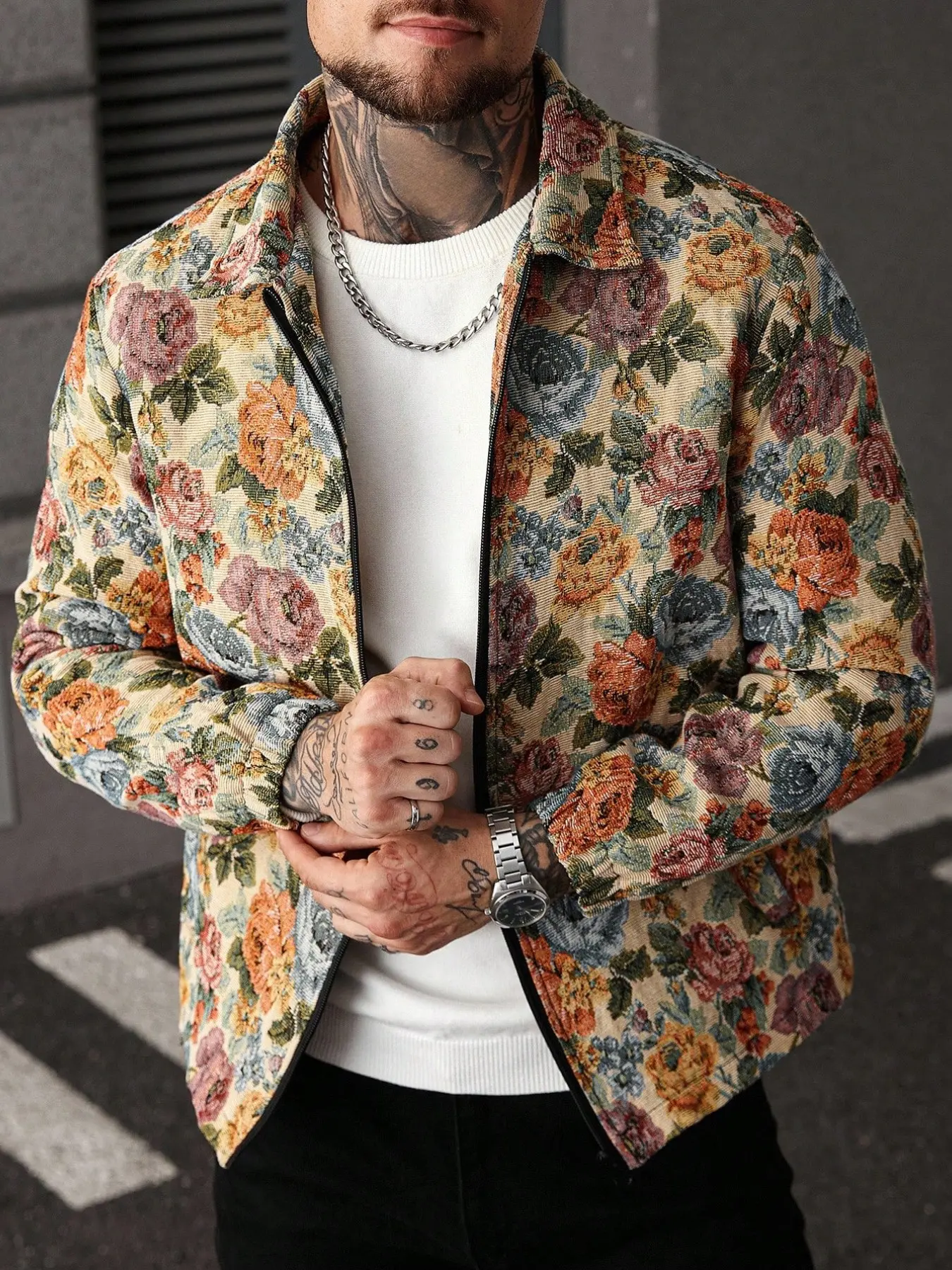 Men's Floral Jacquard Loose Jacket, Vintage Multi-Floral Pattern Zipper Collar Coat, Street Fashion Hip-Hop Outerwear, Trendy Men's Clothing