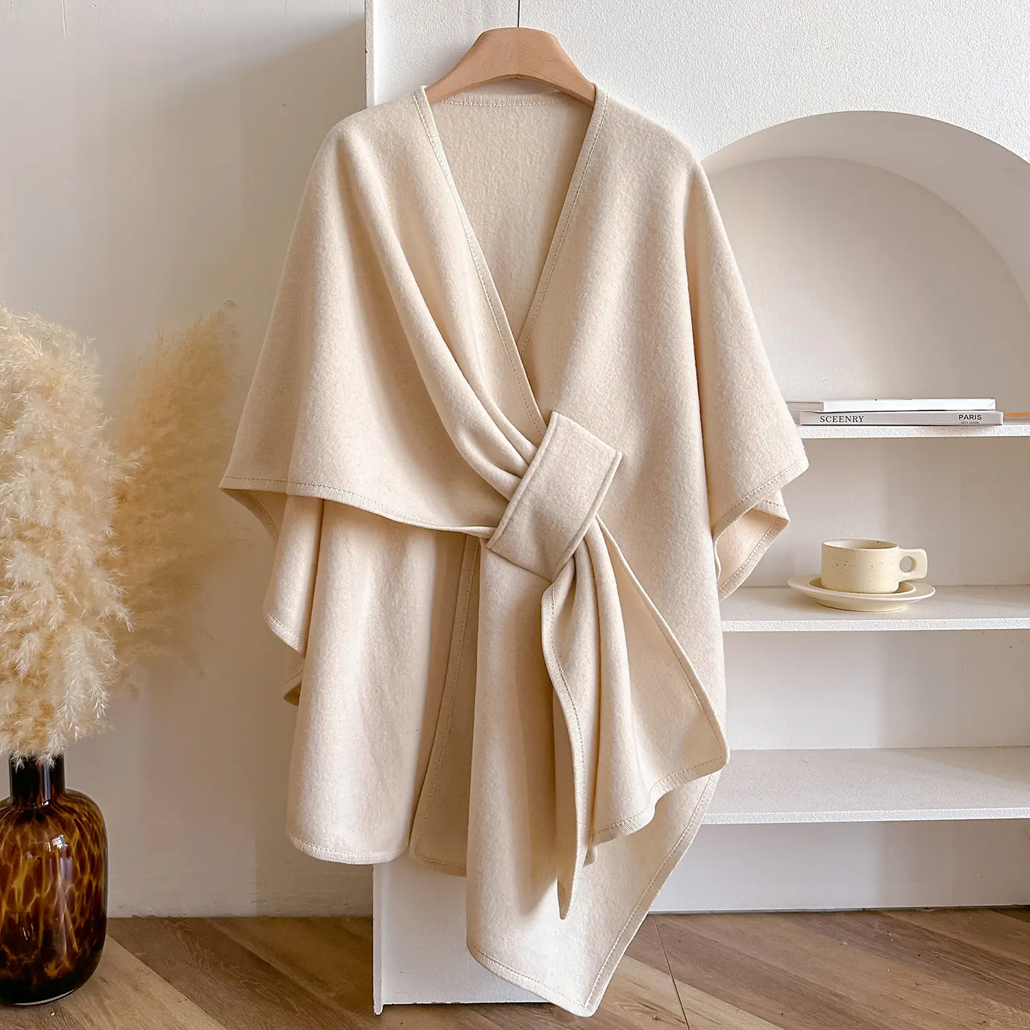 Women's Solid Color Thick Basic Fabric Shawl Cardigan, Chic Autumn-Winter Warm Outerwear with Unique Slit Design, Elegant Wrap for Daily & Dating Use (Clothes Accessory), Outfits, Polyester Fiber, Slit Detail, Wrap Style