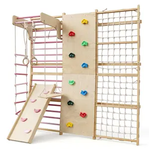 10-in-1 Swedish Ladder, Solid Wood Indoor Jungle Gym for Kids with Slide, Swing, Rock Climbing Wall, Gymnastic Rings, Kids Indoor Playground