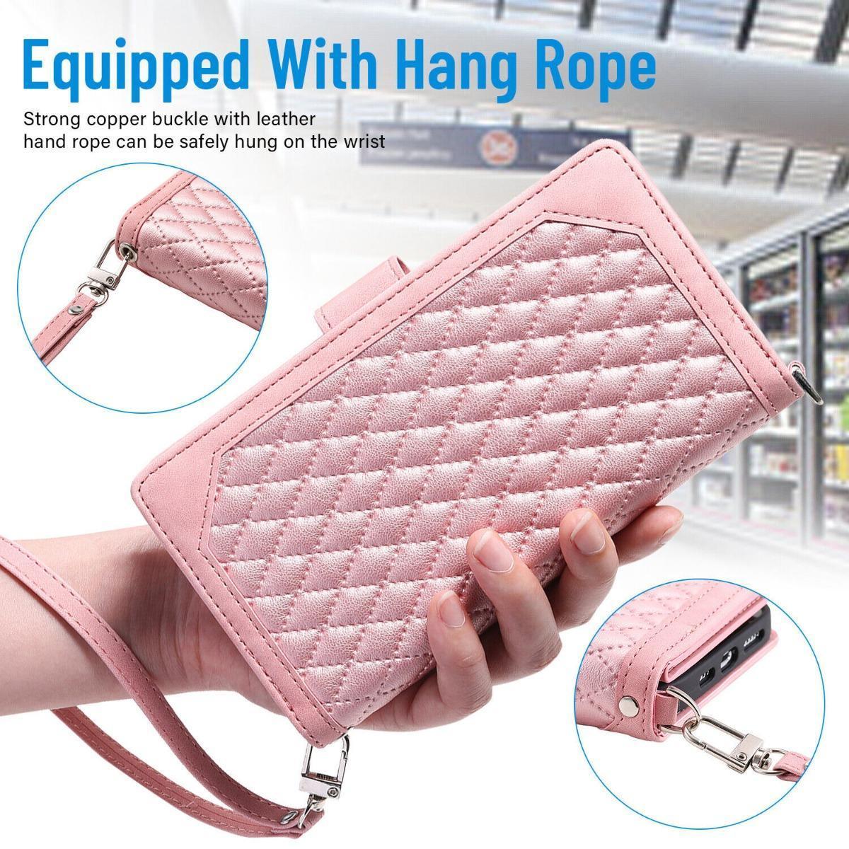 Crossbody Wallet Case For iPhone 17 16 Pro Max 15 14 Plus 13 12 Leather Phone Case with Card Holder Kickstand & Wrist Strap Cover Magnetic Closure Flip Handbag Zipper Purse Shell for Women