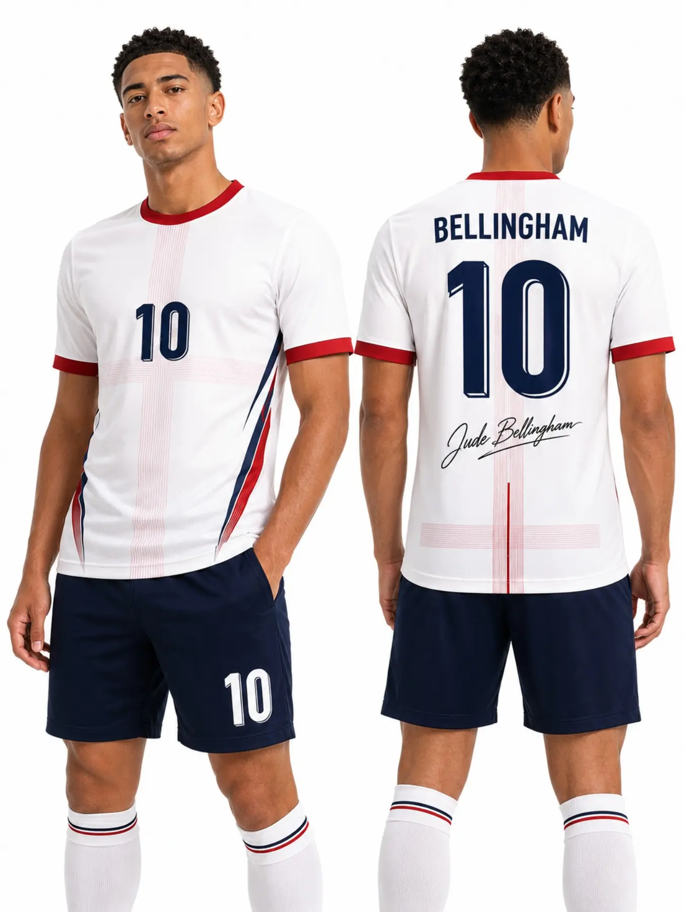 England Bellingham 10 Soccer Jersey T-Shirt, Men's Football Fan Signature Tee, Casual Loose-Fit Long Sleeve, All-Over Print, Football Jerseys