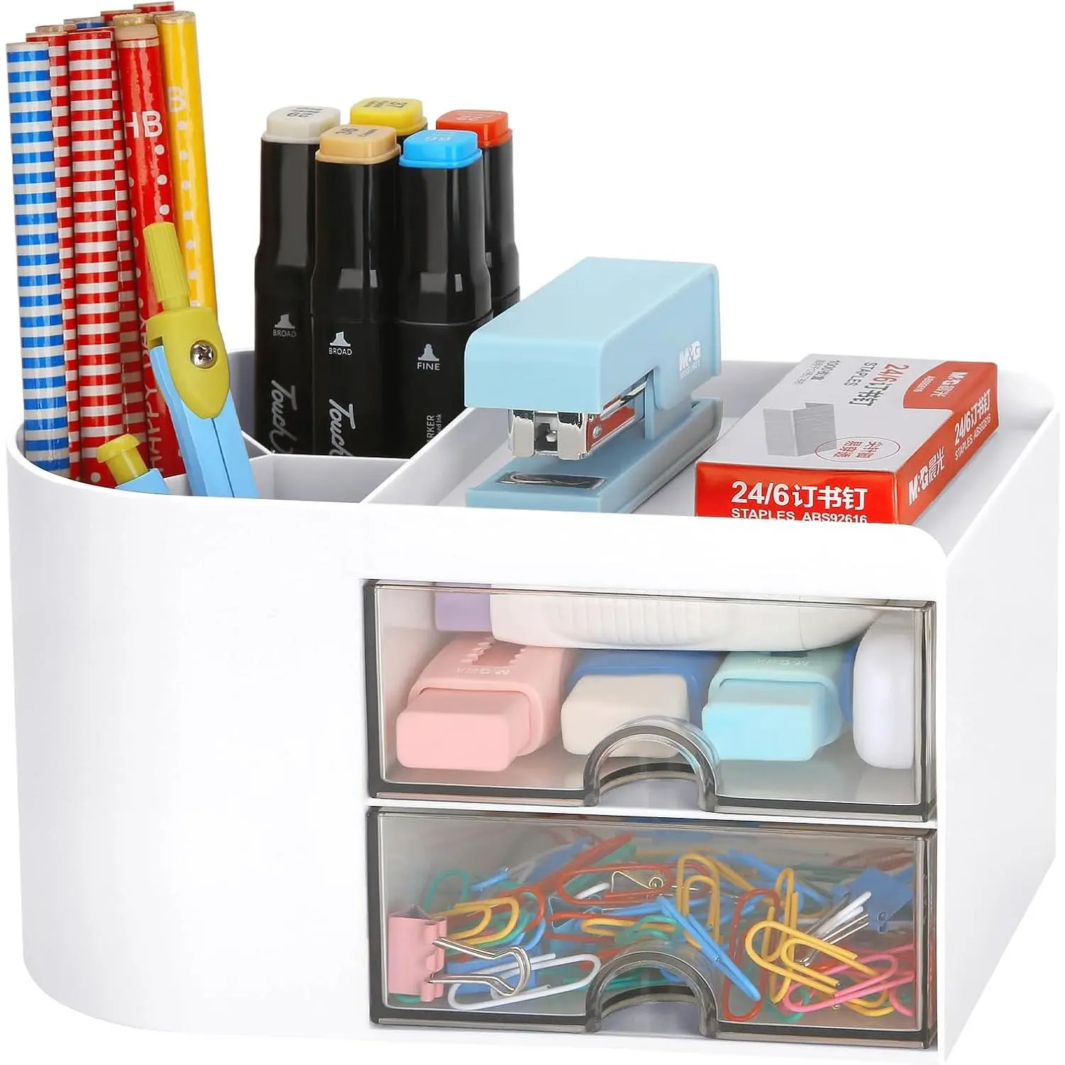Desk Organizer Office Supplies  with Pencil Holder and Drawer for Desktop Accessories, Business Card/Pen/Pencil/Mobile Phone/Stationery Holder Storage Box (White)