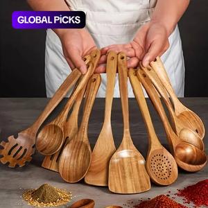 10-Piece Natural Wood Kitchen Utensil Set, Wooden Cooking Tools, Ergonomic Handles, Heat Resistant, Includes Spoons, Pans, Ideal for Induction Cooktops