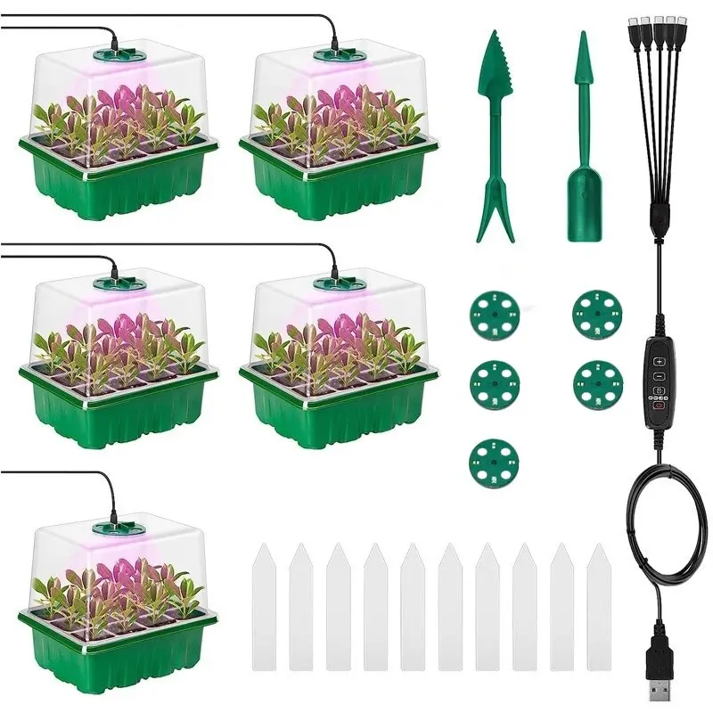 5-Piece Seedling Tray Set with Growth Light, Grow Light for Seedlings, 60-Hole Adjustable Humidity and Temperature Control, Mini Greenhouse, Hydroponic Kit, Indoor/outdoor Gardening