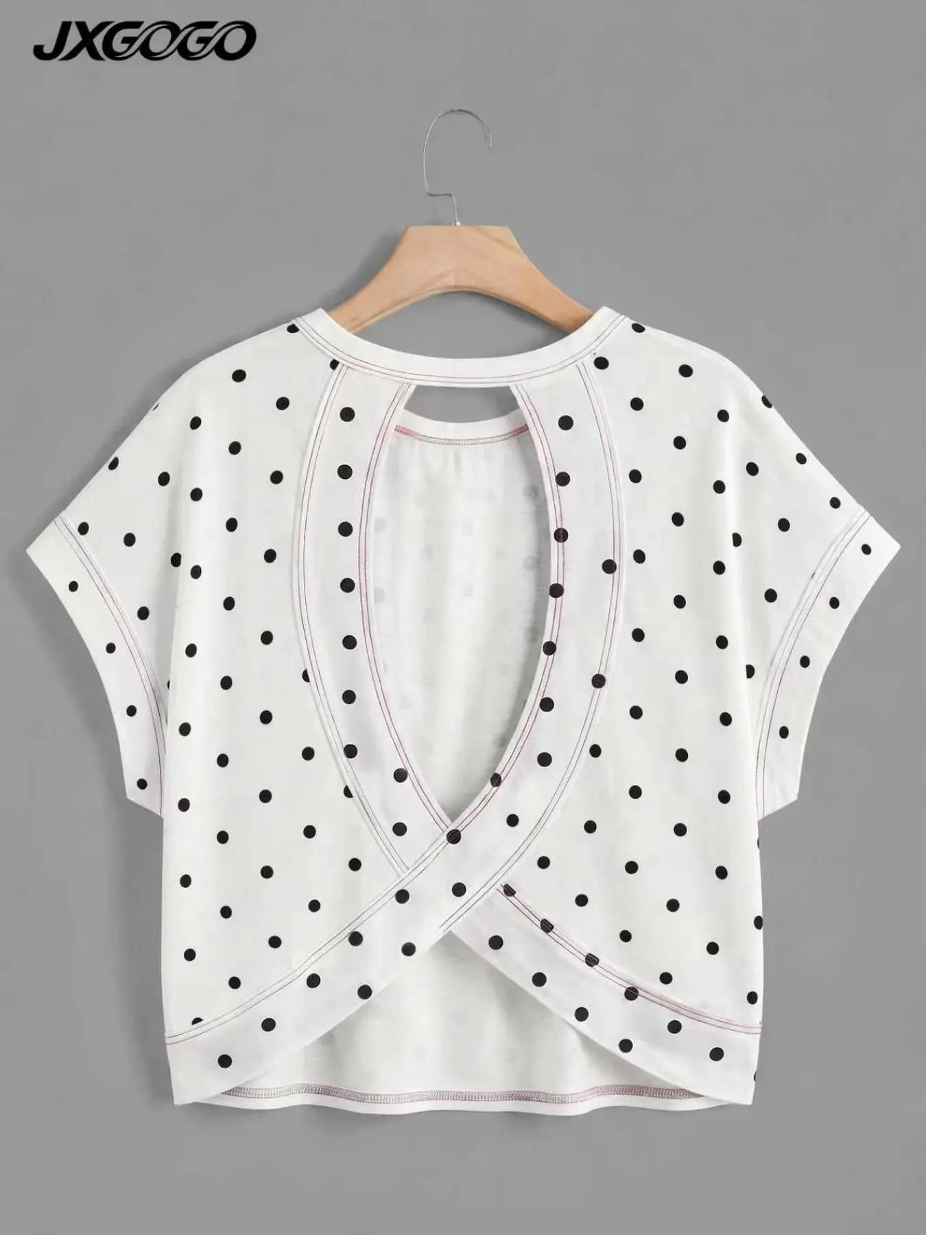 JXGOGO Y2K Vintage Casual Polka Dot Back Cross Cutout Backless Top Batwing Short Sleeve Soft Workout Tee Cute Aesthetic Outfit For Pilates Gym Shopping Daily Wear