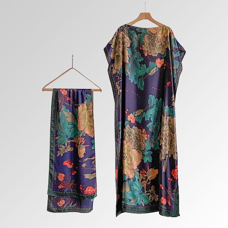 Women's Floral Print Long Dress & Scarf Set,Boho Casual Shawl Dress & Scarf Set for BeachVacation Holiday, Ladies Clothes for AllSeasons