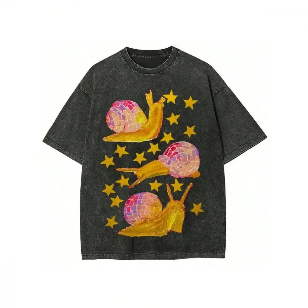 Women's Oversized Graphic T-Shirt, Vintage Disco Snail with Geometric Stars, Loose-Fit Washed Cotton Streetwear Top, Thanksgiving, Easter, Valentines Day, Outdoors, Basic, Shortsleeve, Lightweight, Everyday, Retro, Party, Casual, Clothes, Flat, Essential,