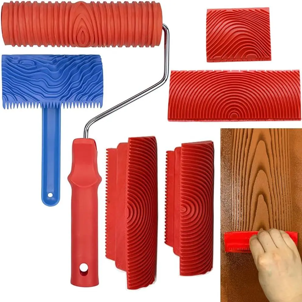 Wood Graining Tool Set, 6pcs 7" Fake Wood Grain Roller Painting Tool with Handle DIY Rubber Graining Tool Paint Look Like Wood for Wall Room Art Paint Decoration